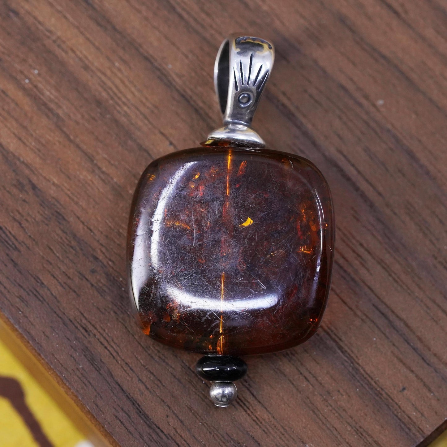 Vintage shube Sterling 925 silver handmade pendant with Square amber