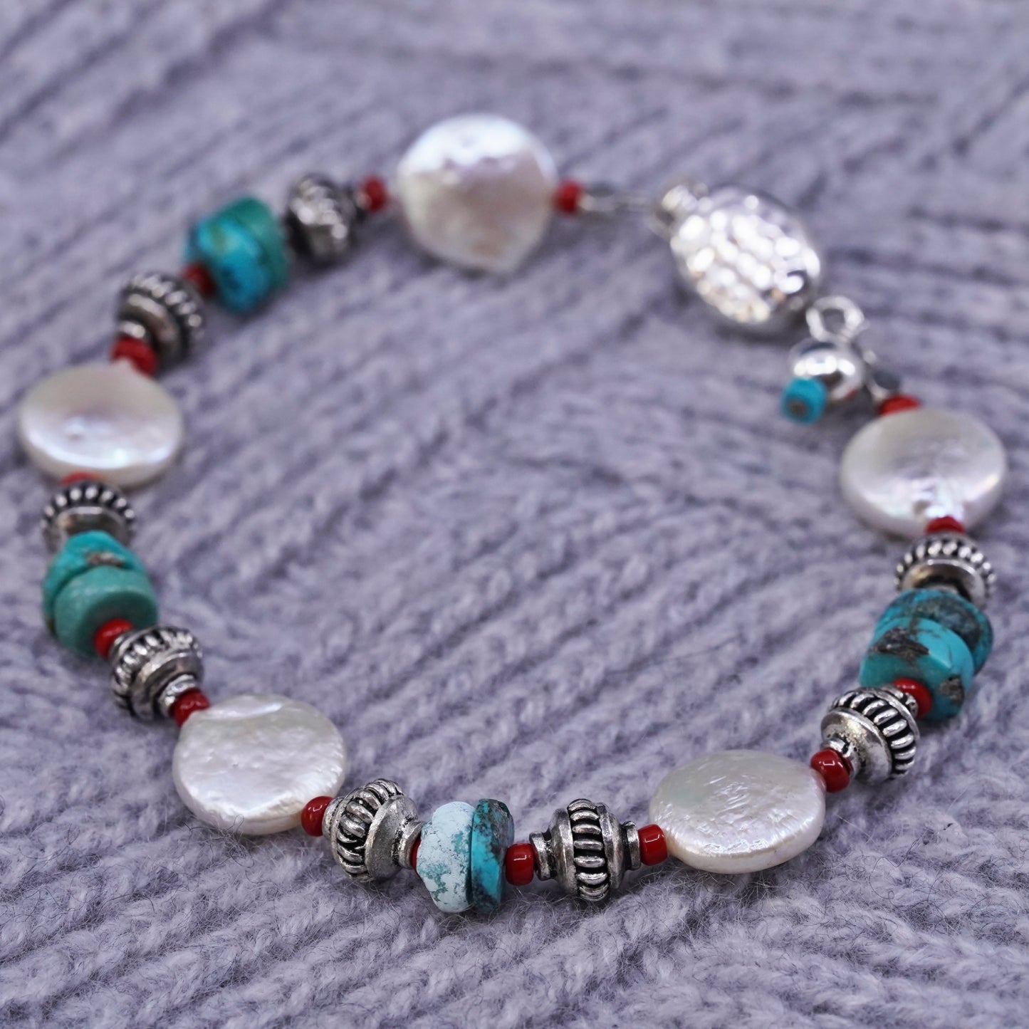 7.5”, sterling silver bracelet, Native American navajo turquoise and coin pearl