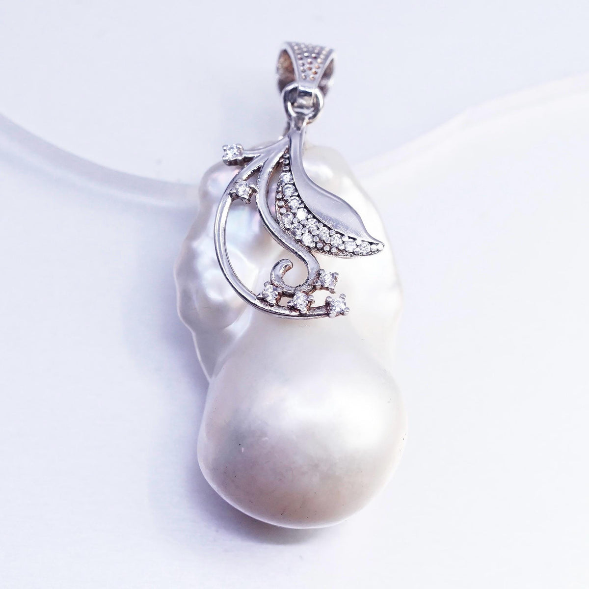 Sterling 925 Silver Baroque Pendant, Keshi Biwa Pearl CZ Leaf Floral Jewelry