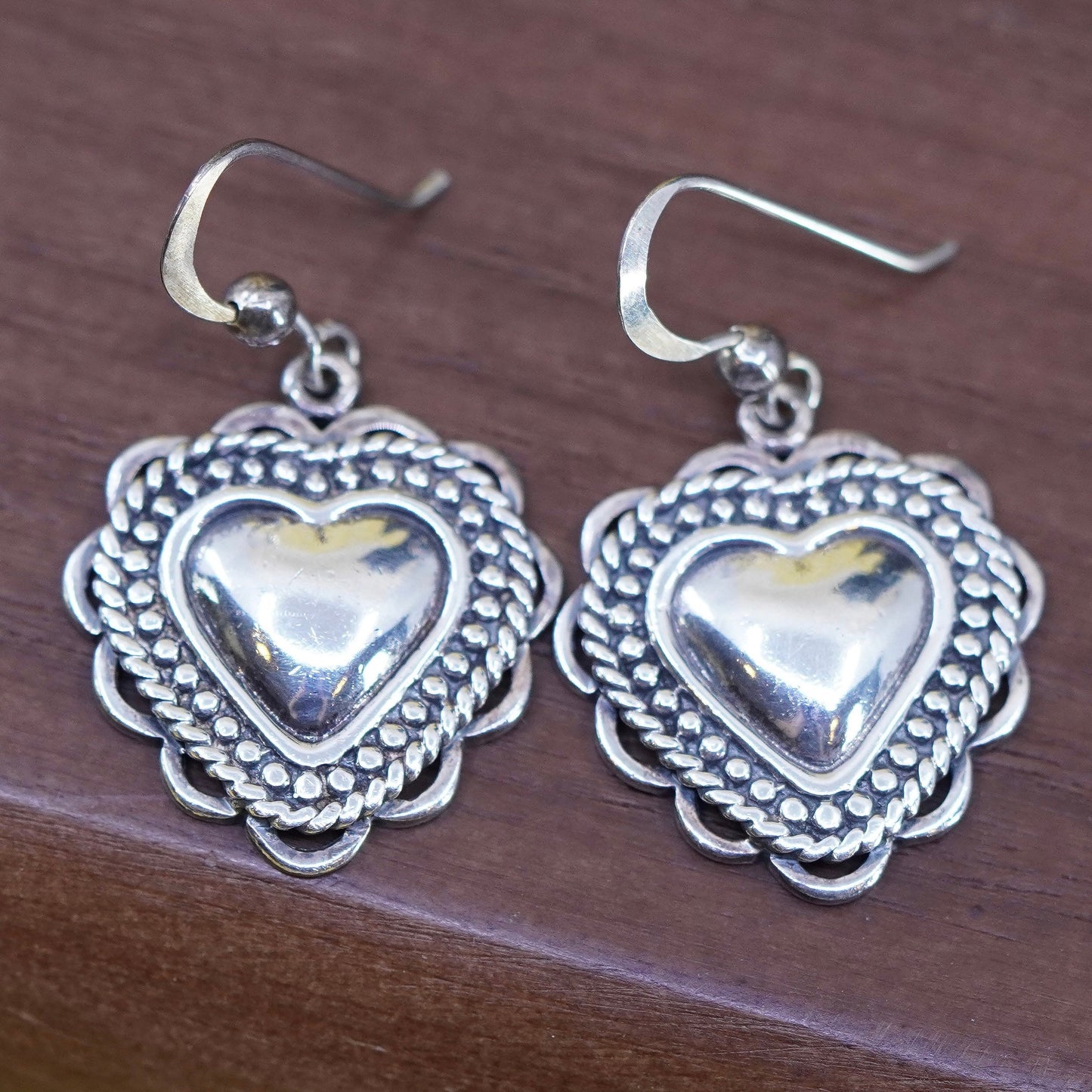 Vintage Sterling silver handmade earrings, textured 925 heart drops