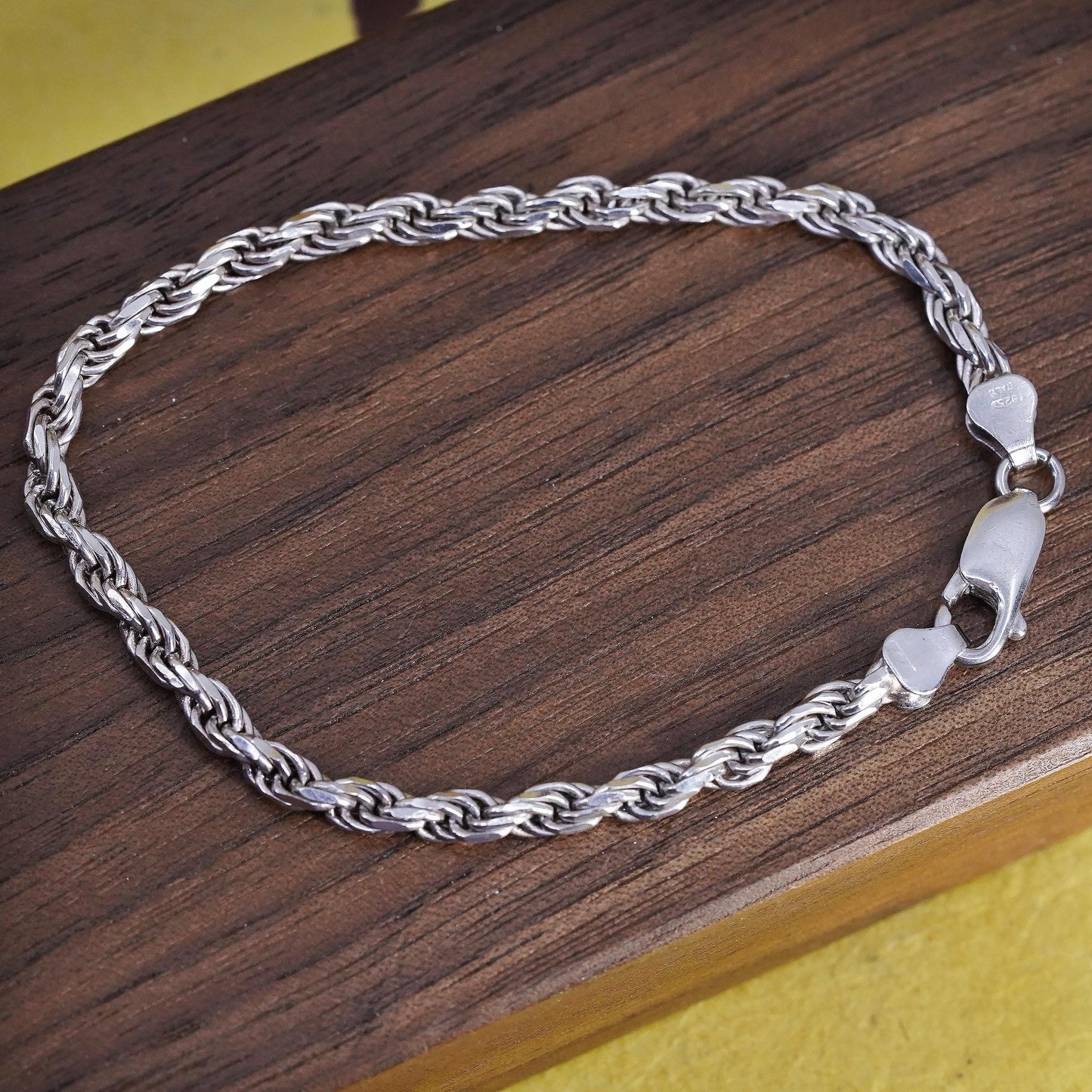 7" 3mm, vintage Sterling silver diamond cut rope bracelet, Italy 925 chain