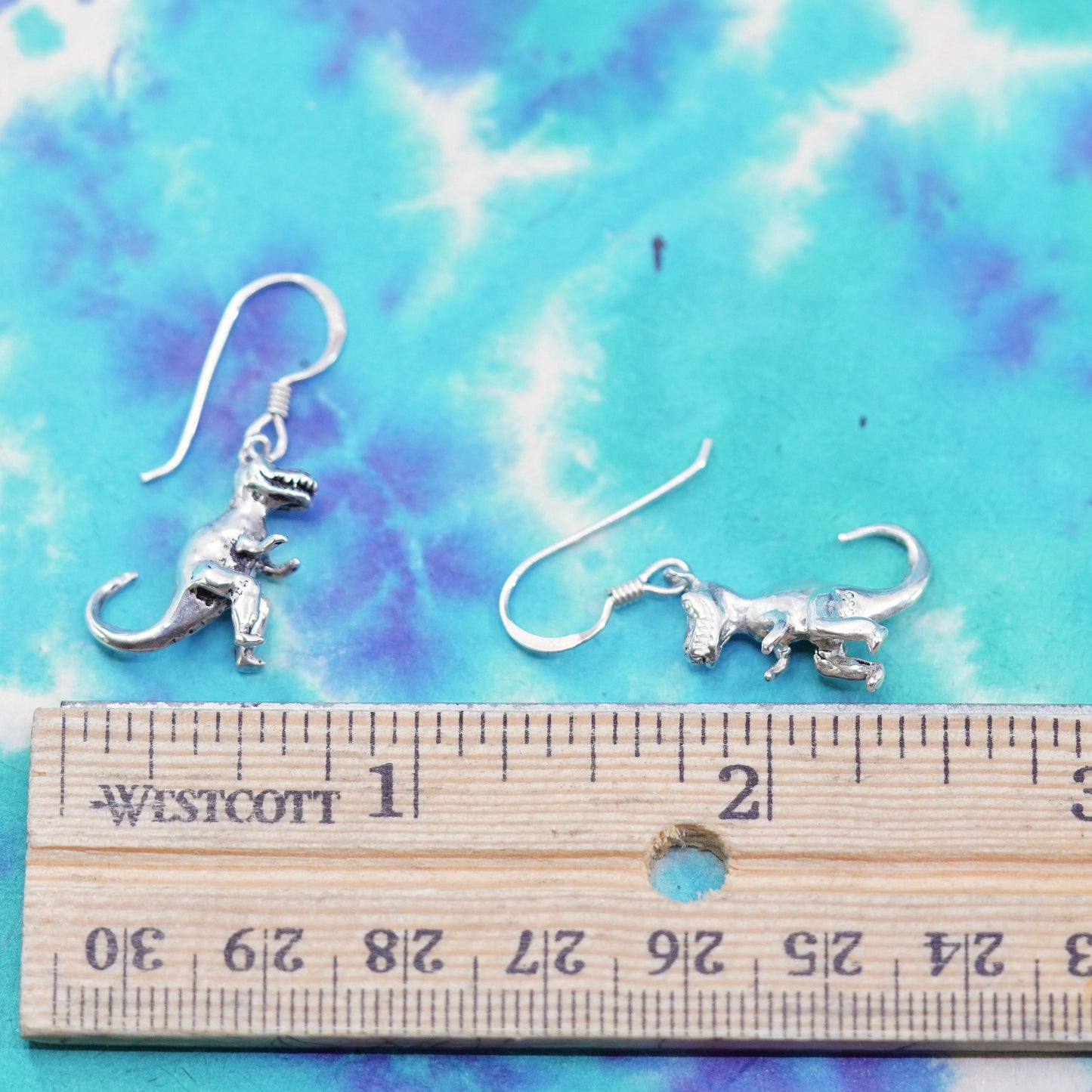 Vintage Sterling silver handmade earrings, 925 dinosaur, T-Rex drops