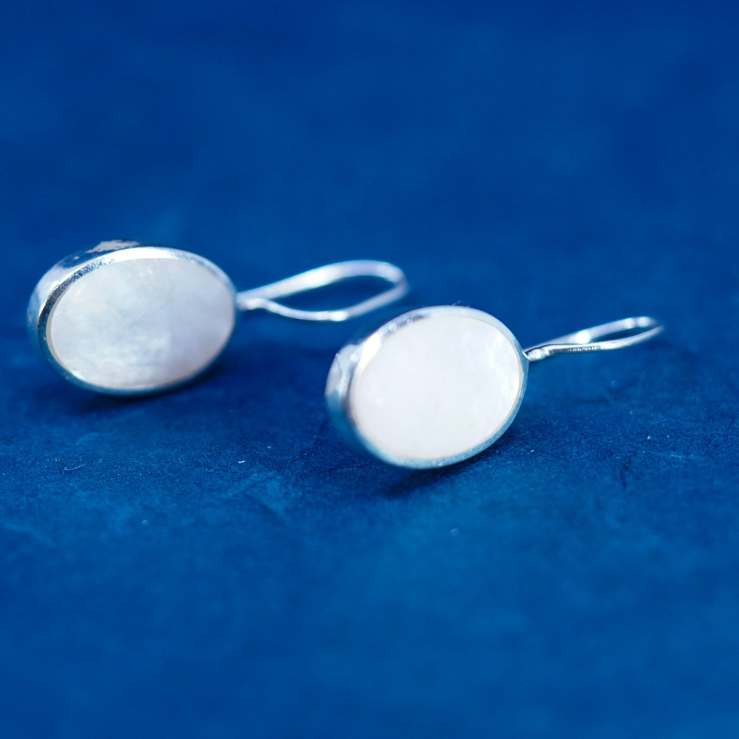 sterling silver handmade earrings, 925 oval drops with mother of pearl inlay