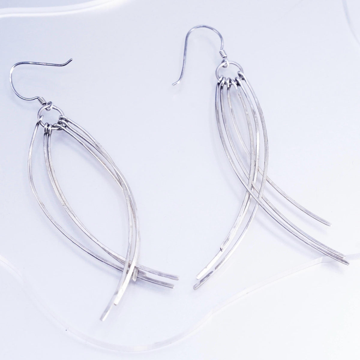 Vintage Sterling Silver 925 Long Dangle Earrings Multi Strand Curved Wire Drops