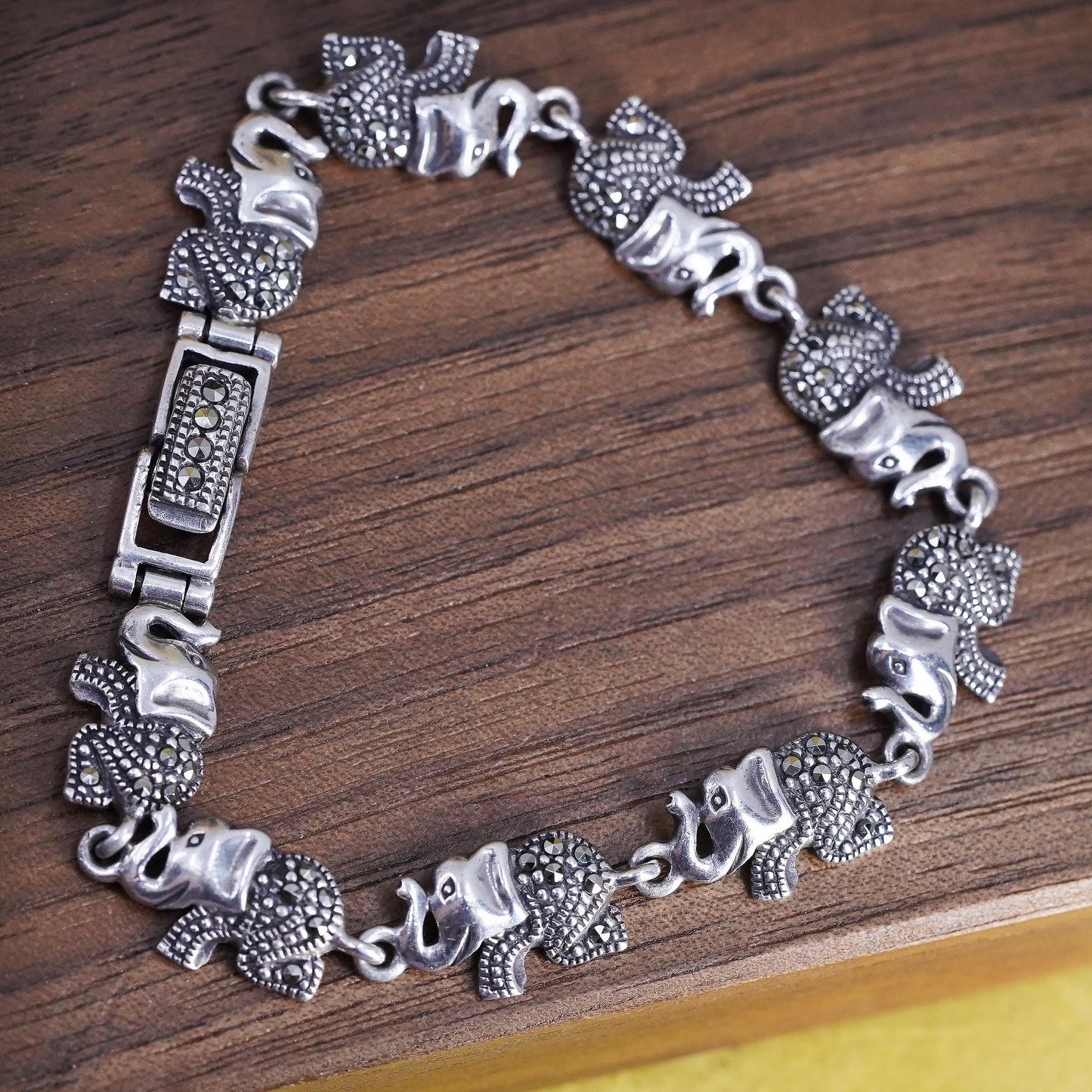 6.5", VTG Sterling silver tennis bracelet, 925 elephant chain cluster marcasite