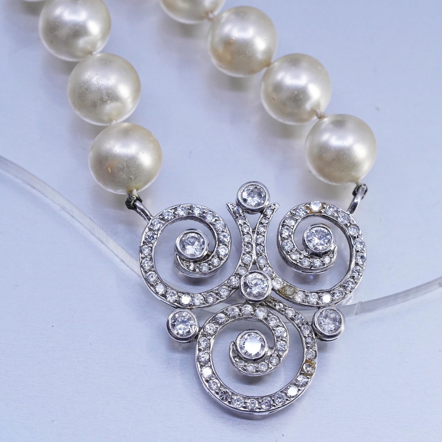 16", CWE Sterling 925 silver necklace pearl beads cluster cz spiral pendant