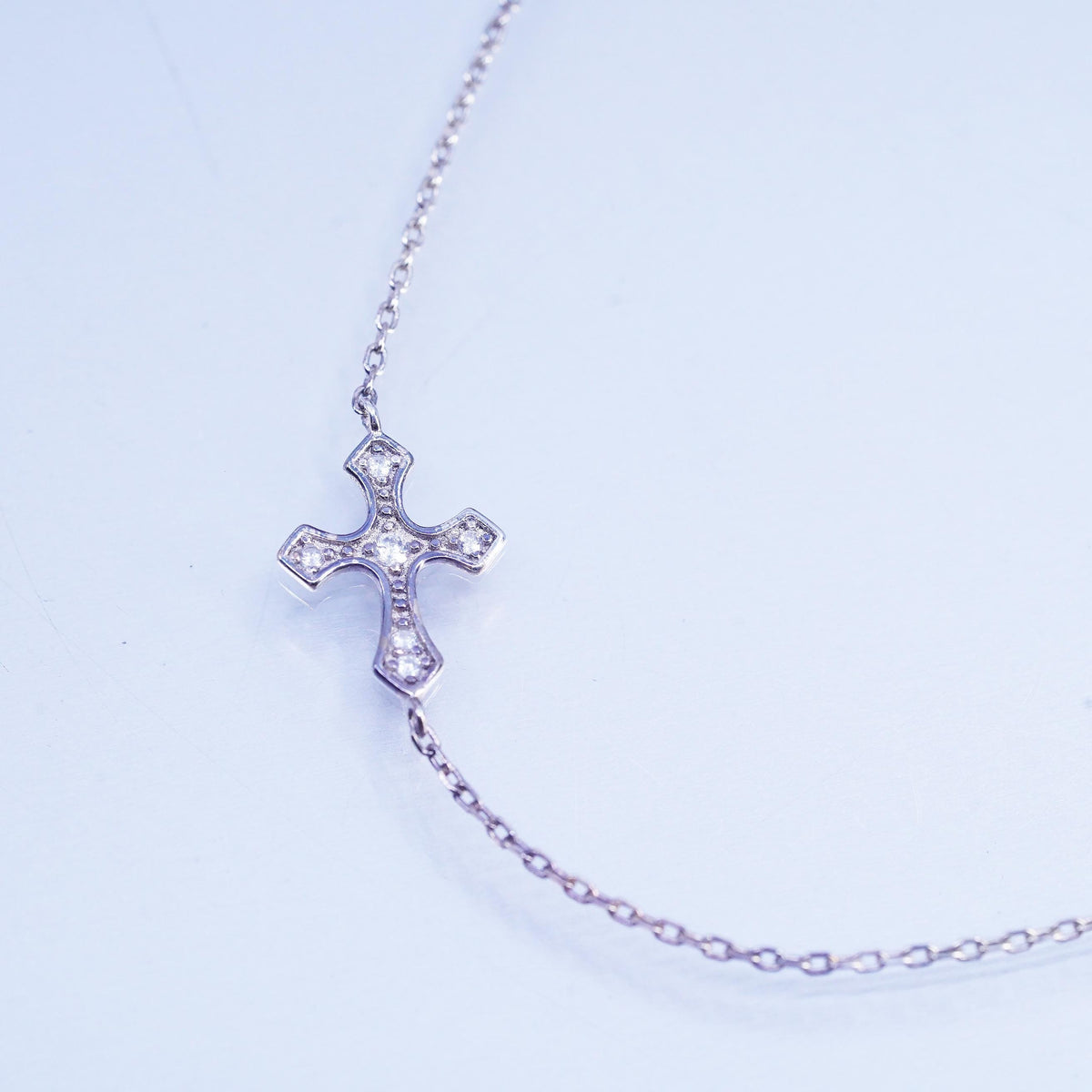 9+1", Vintage Sterling 925 silver bracelet, flatten circle chain CZ cross charm