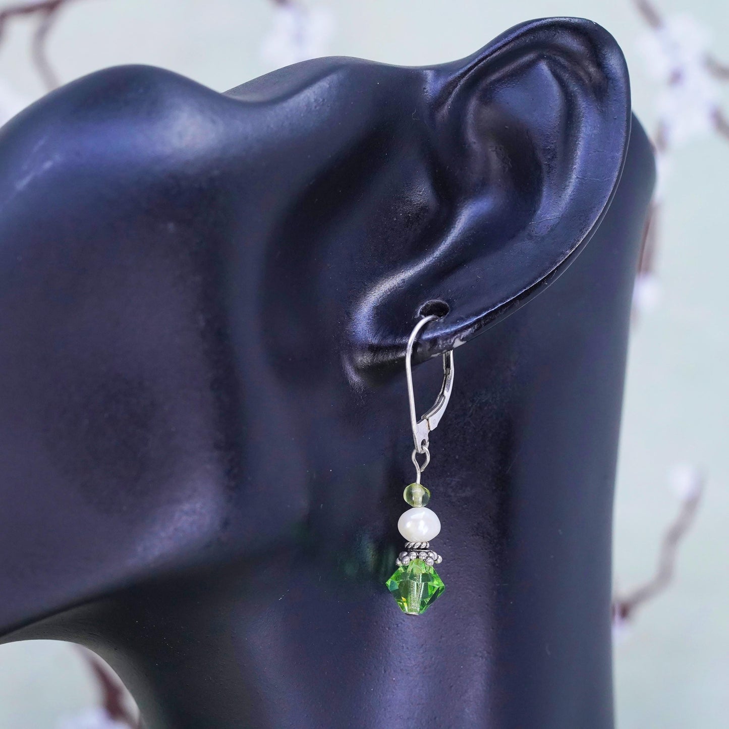 Vintage sterling silver handmade earrings, 925 silver with green crystal drops