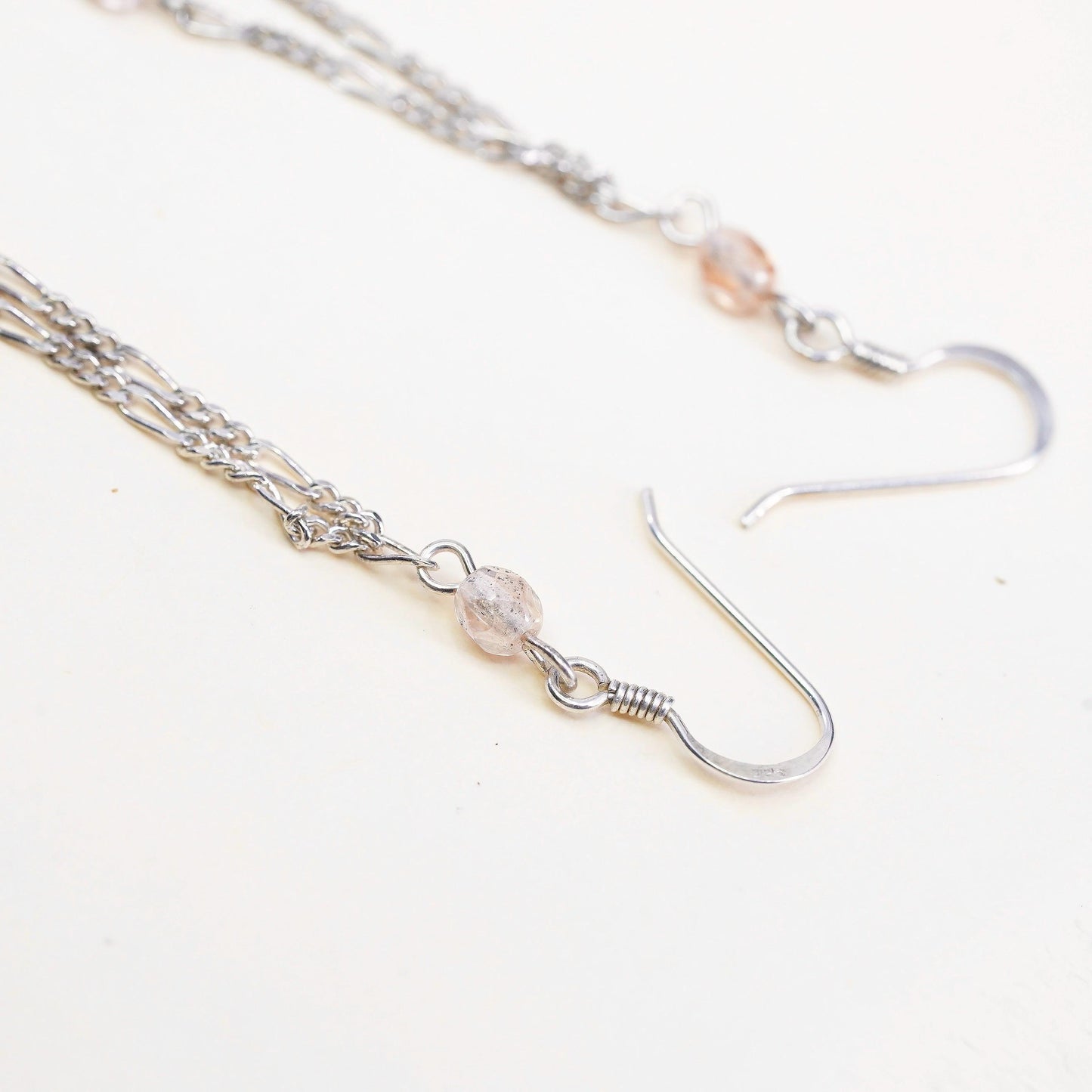 Vintage Sterling silver earrings, 925 figaro chain pink artisan glass drops