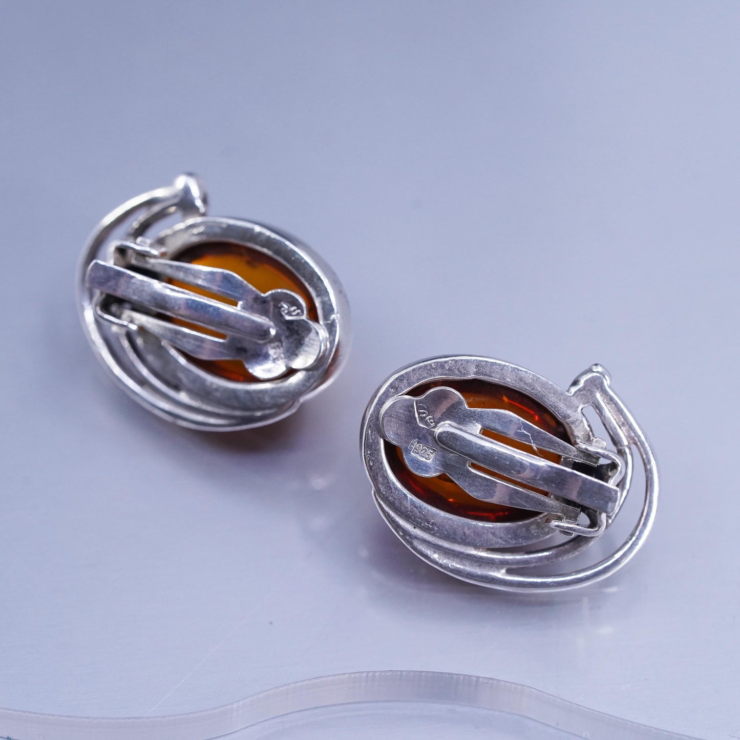Vintage Sterling 925 silver handmade earrings, oval clip on with amber