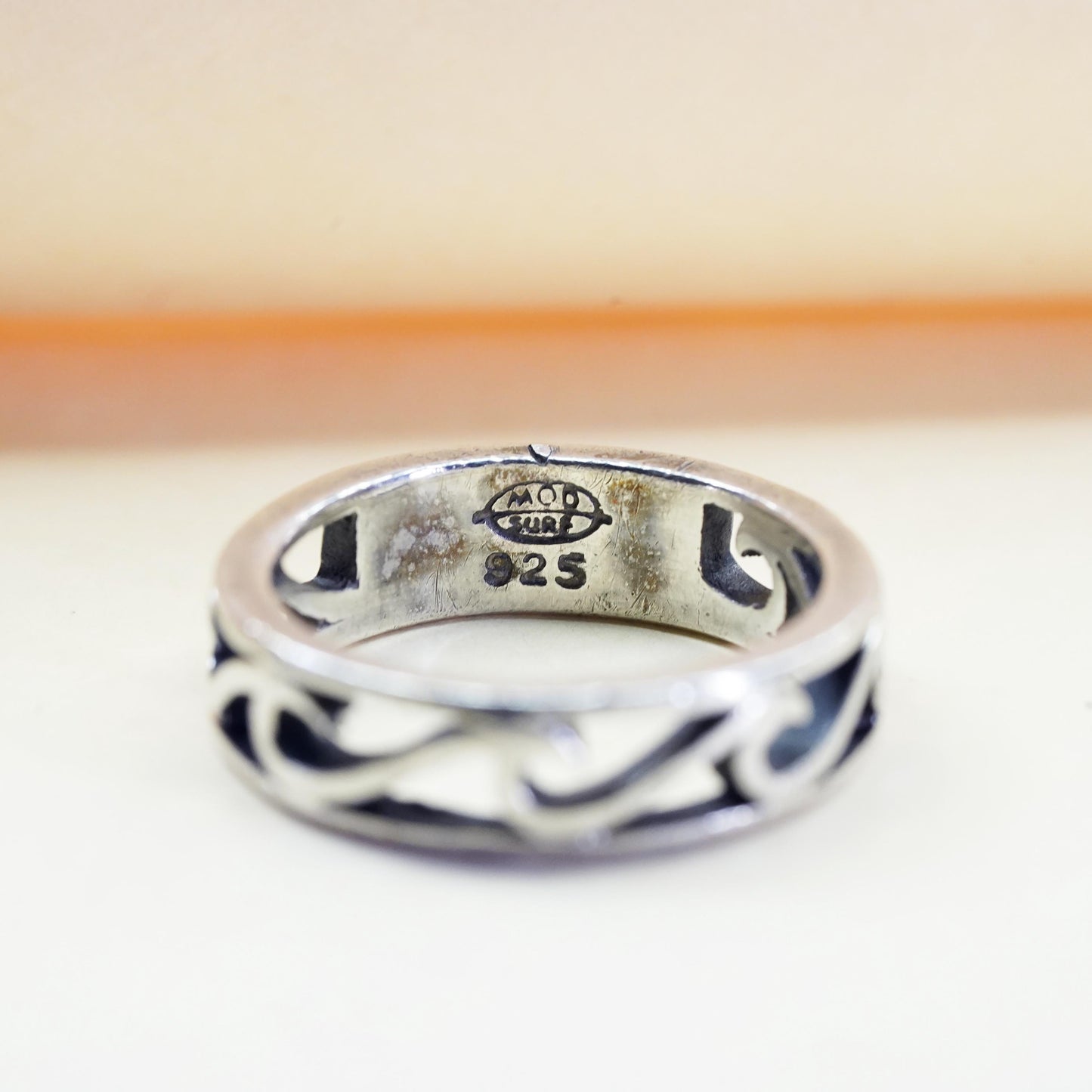 Size 7.5, VTG Sterling silver handmade ring, 925 open band swirl wave cutout