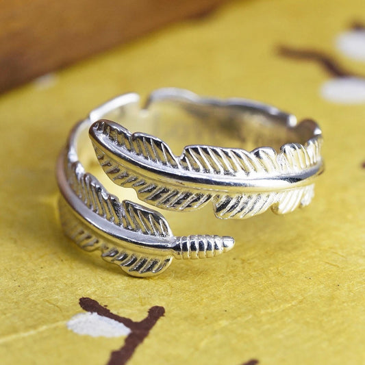 Size adjustable, vintage Sterling silver handmade ring, 925 feather wrap band