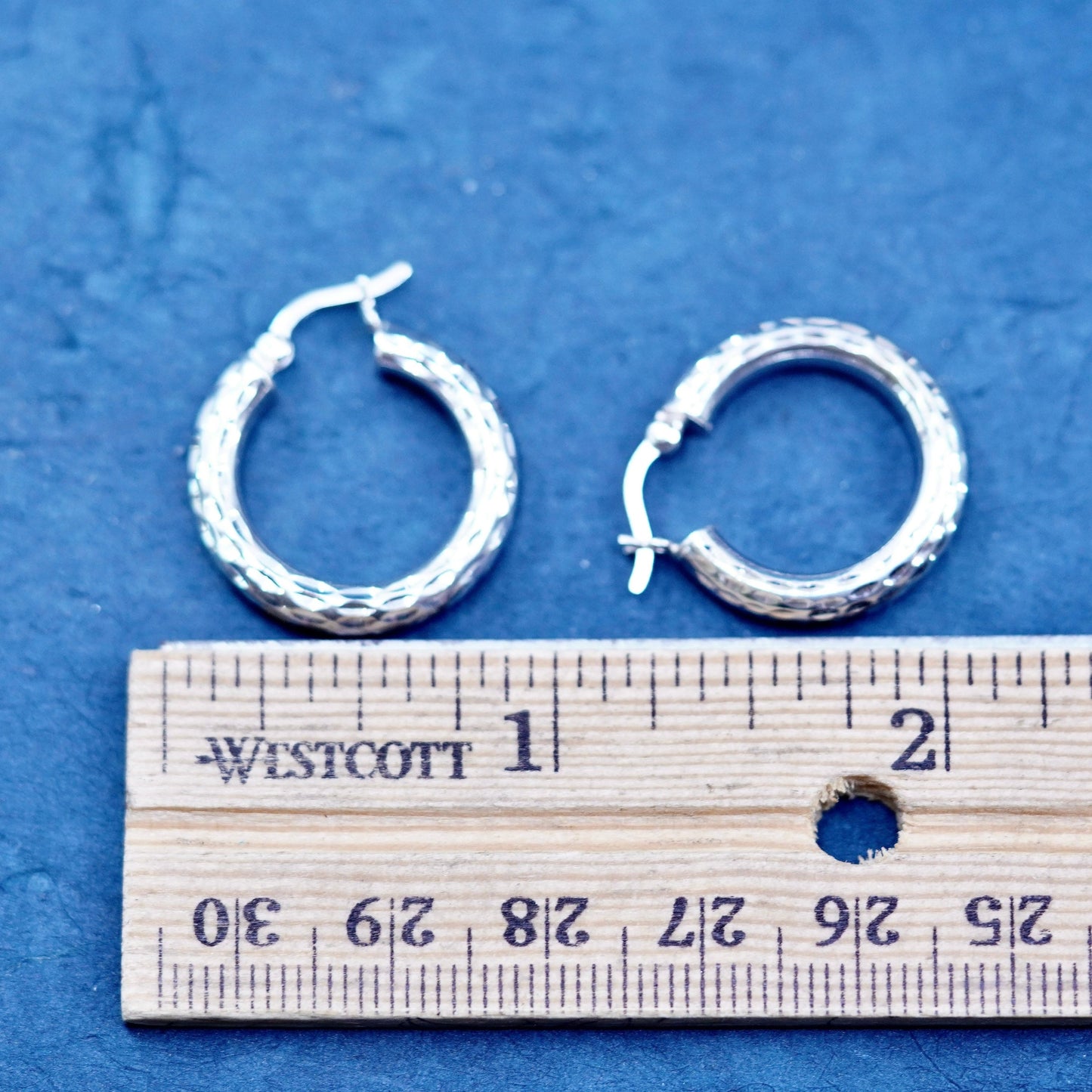 0.75”, vintage Sterling silver handmade earrings, textured 925 hoops, huggie
