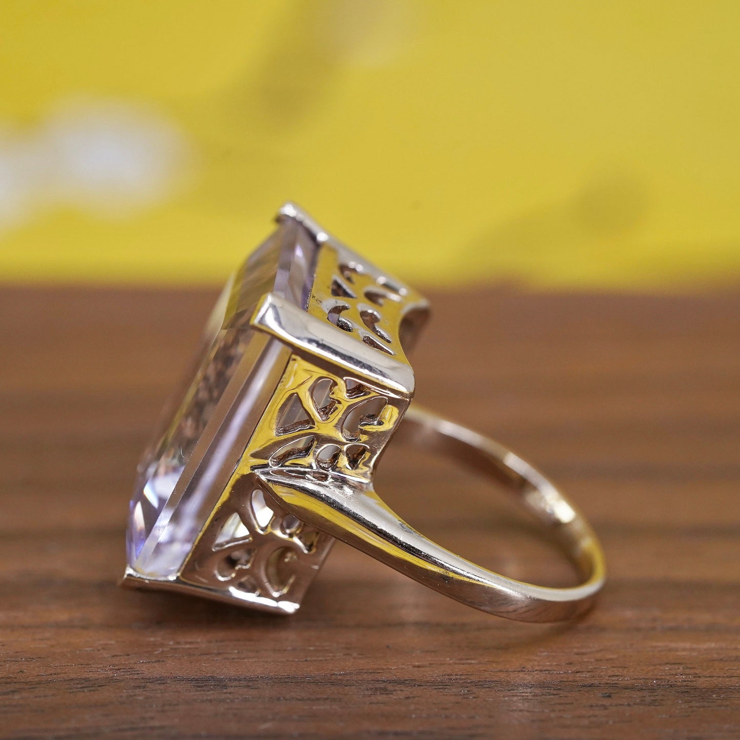 Size 6, Sterling silver cocktail ring, rose gold over 925 with amethyst crystal