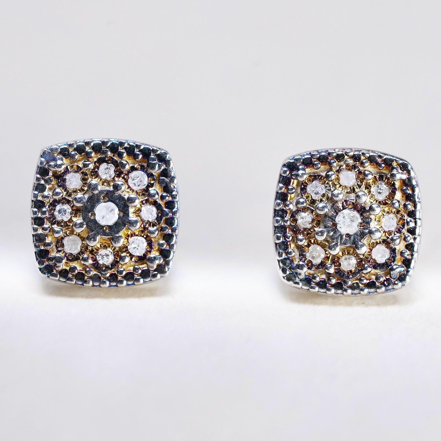 Vintage sterling silver handmade earrings, 925 square shaped studs with diamond