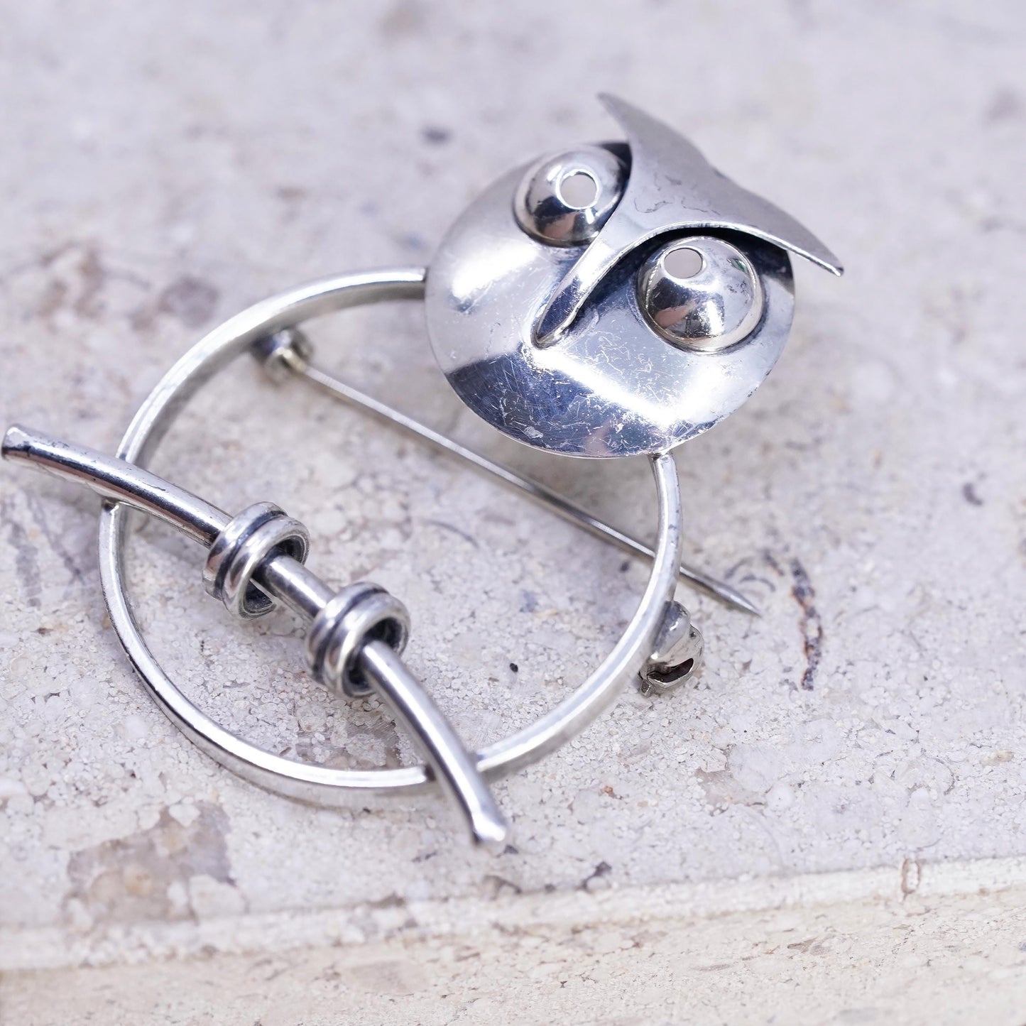 Vintage Beau sterling silver handmade brooch, simplified 925 owl pin