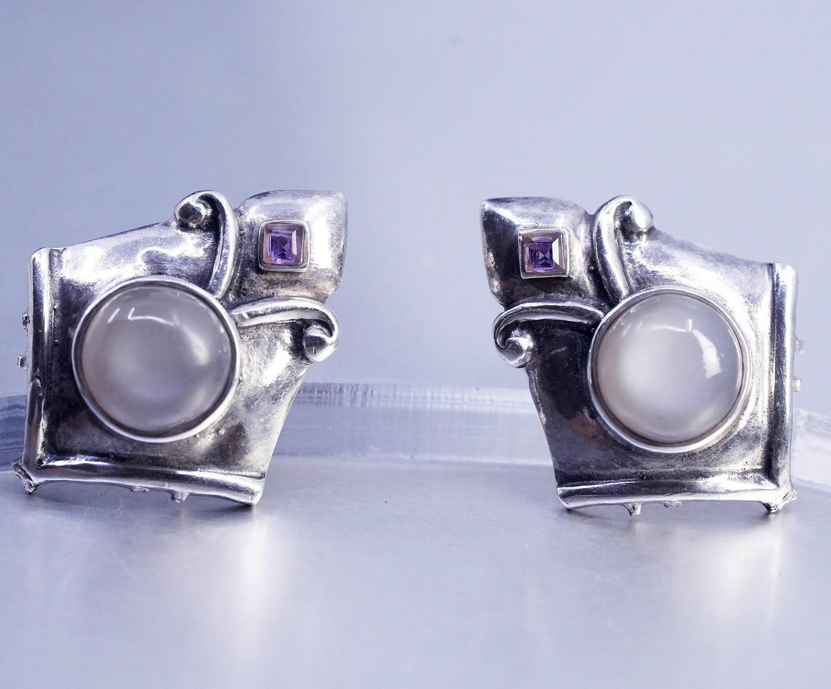 Vintage Sterling 925 silver handmade studs earrings white moonstone amethyst