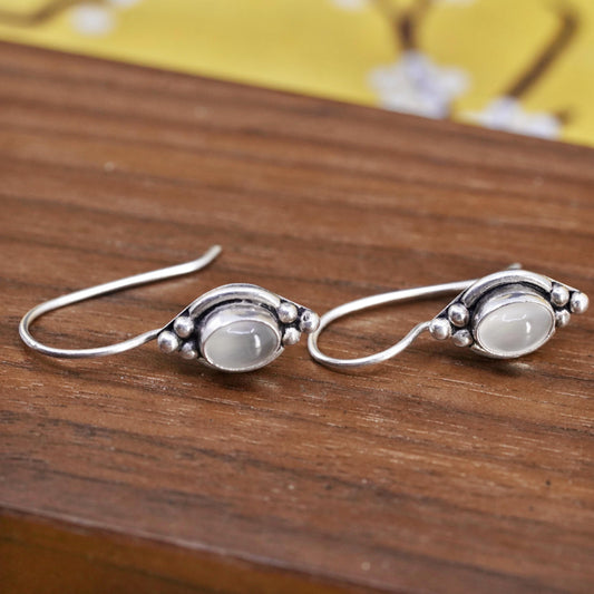 Vintage Sterling 925 silver handmade earrings with white cat's eye beads