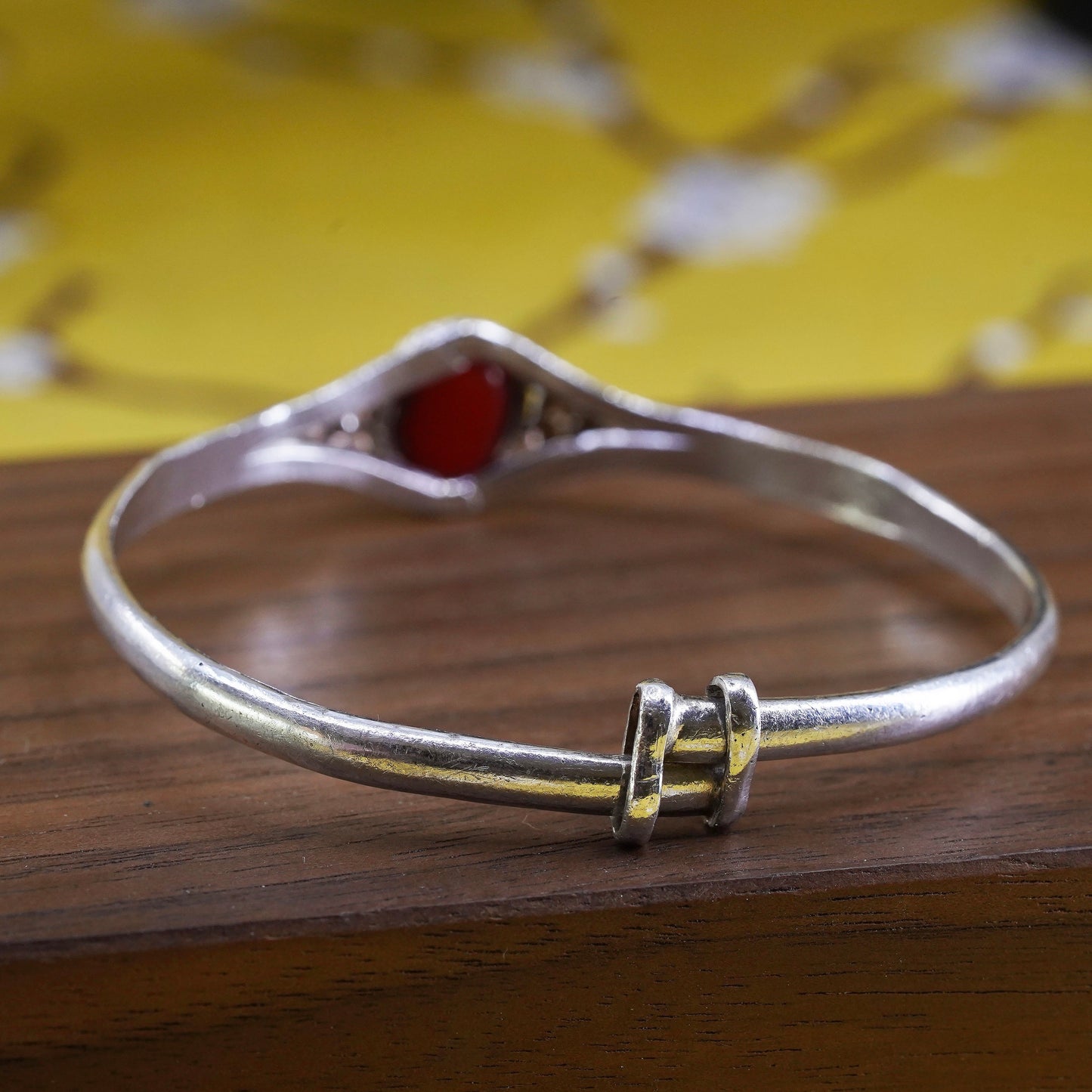 Vintage Sterling silver handmade bracelet, 925 baby bangle with carved cinnabar