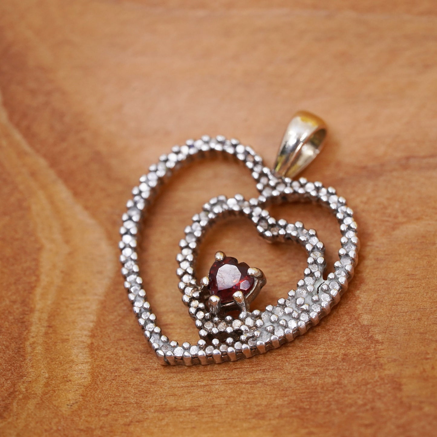 Vintage sterling silver handmade pendant, vermeil gold over 925 heart with ruby