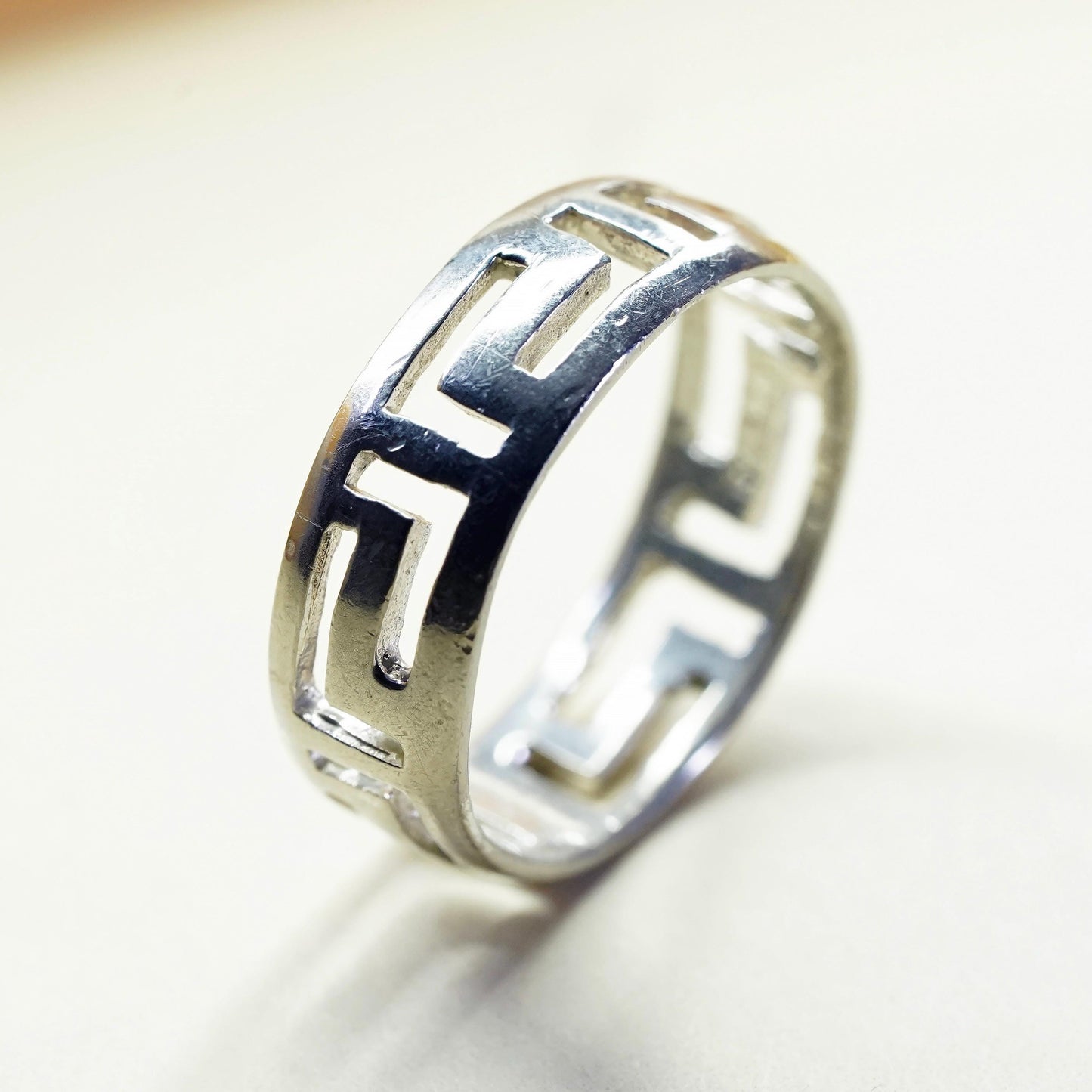 Size 8, VTG sterling silver handmade statement ring, 925 swirly Greek key band