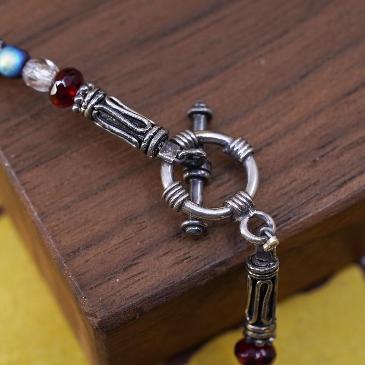 8.5”, Vintage Sterling 925 silver bracelet with beads crystal toggle closure