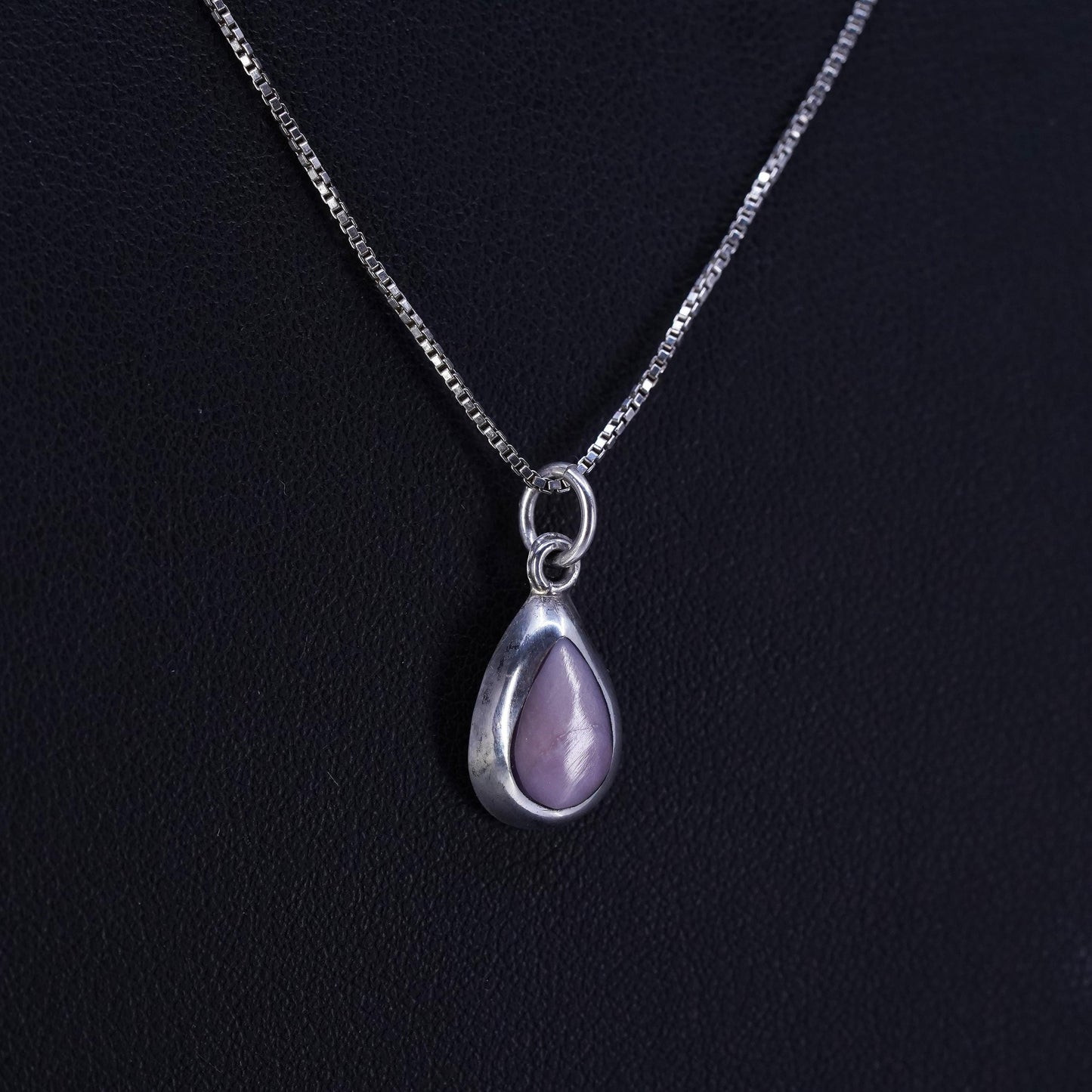 18”, Sterling 925 silver box chain necklace with teardrop pink MOP pendant