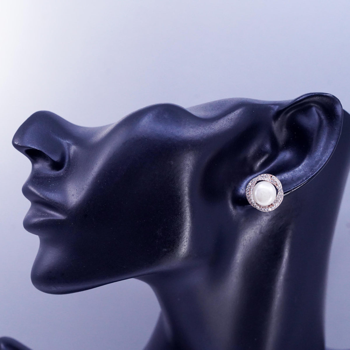 Vermeil Gold Sterling Silver 925 Earrings, Rose Gold Tone CZ Halo, Pearl Studs
