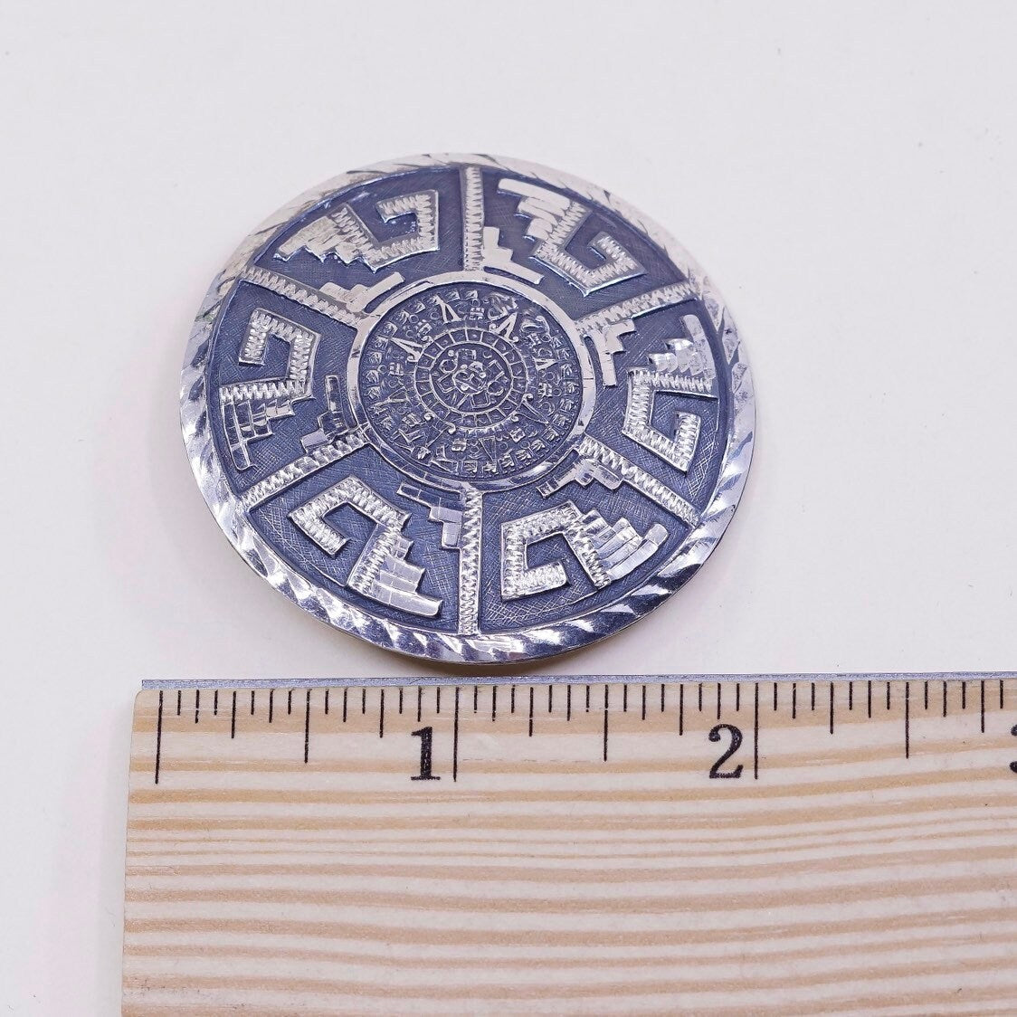 Vintage EVB sterling silver handmade brooch, solid 925 silver mayan calendar pendant, stamped 925 handmade