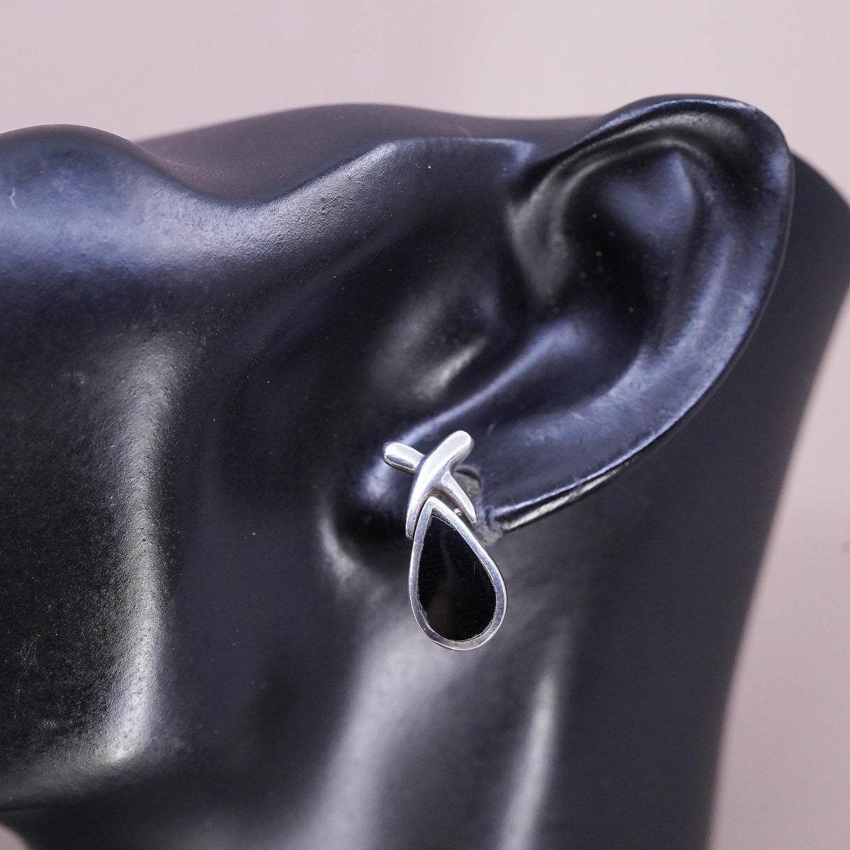 Vintage sterling silver handmade earrings, 925 silver Teardrop studs onyx inlay
