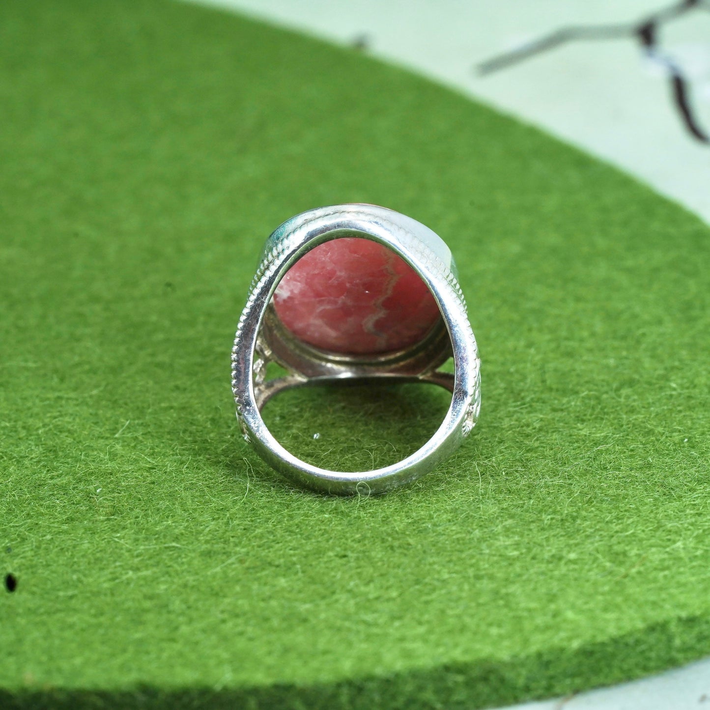 Size 9, Vintage sterling silver ring, filigree 925 ring pink Rhodochrosite