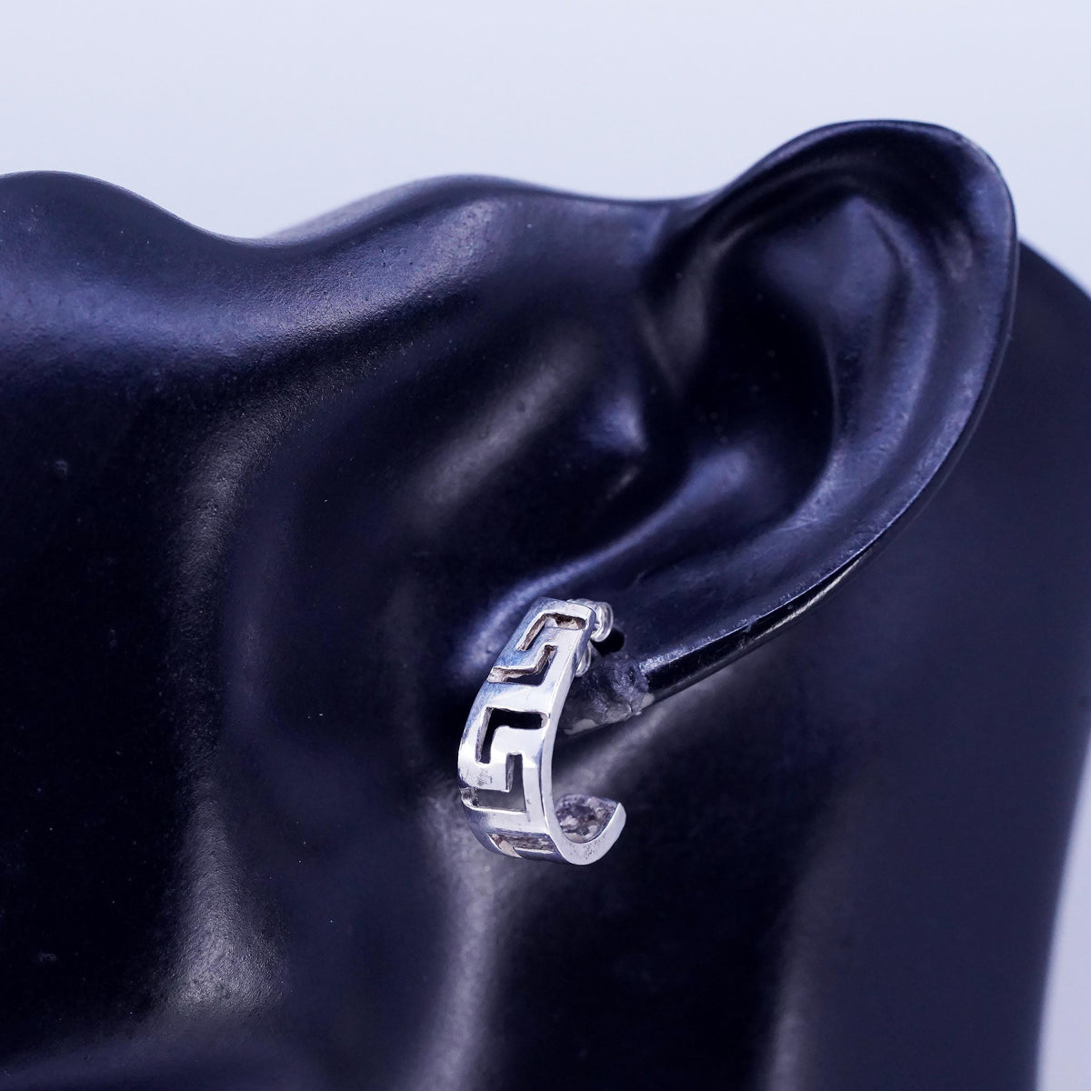 Vintage Sterling 925 silver handmade huggie studs earrings Greek key cut out