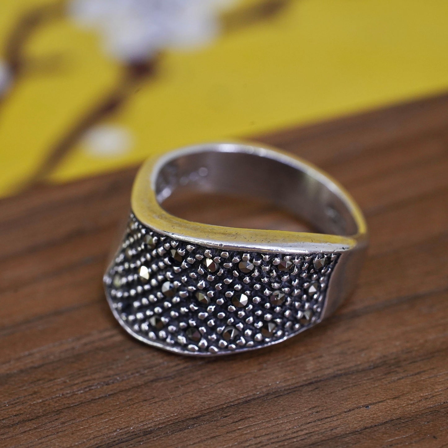 Size 8, Sterling silver handmade ring, southwestern, 925 wavy band marcasite