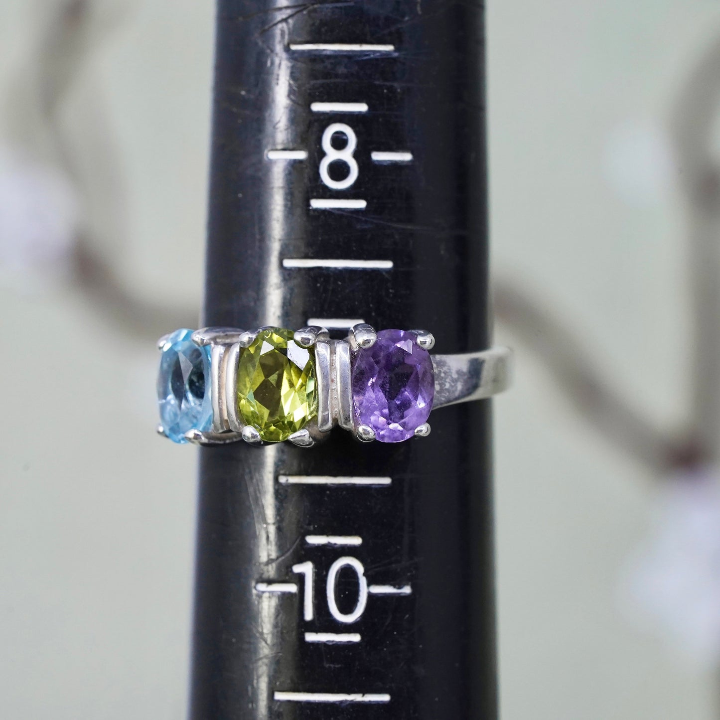 Size 9, vintage sterling 925 silver handmade ring with topaz peridot amethyst
