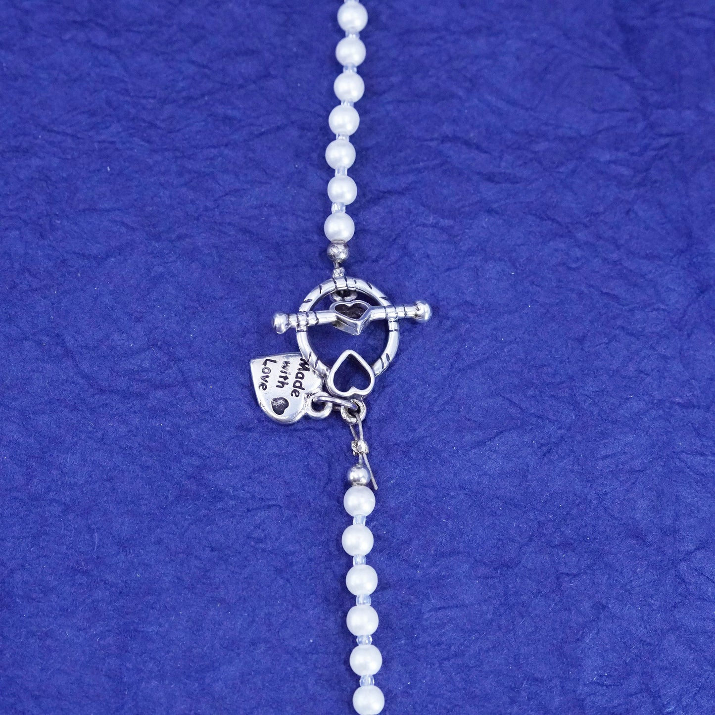 18”, vintage silver tone necklace, faux pearl beaded chain with filigree Angel