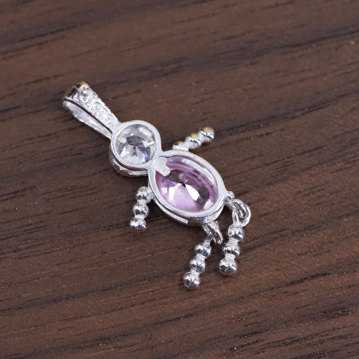 Vintage Sterling 925 silver birthstone pendant pink crystal, baby boy figure