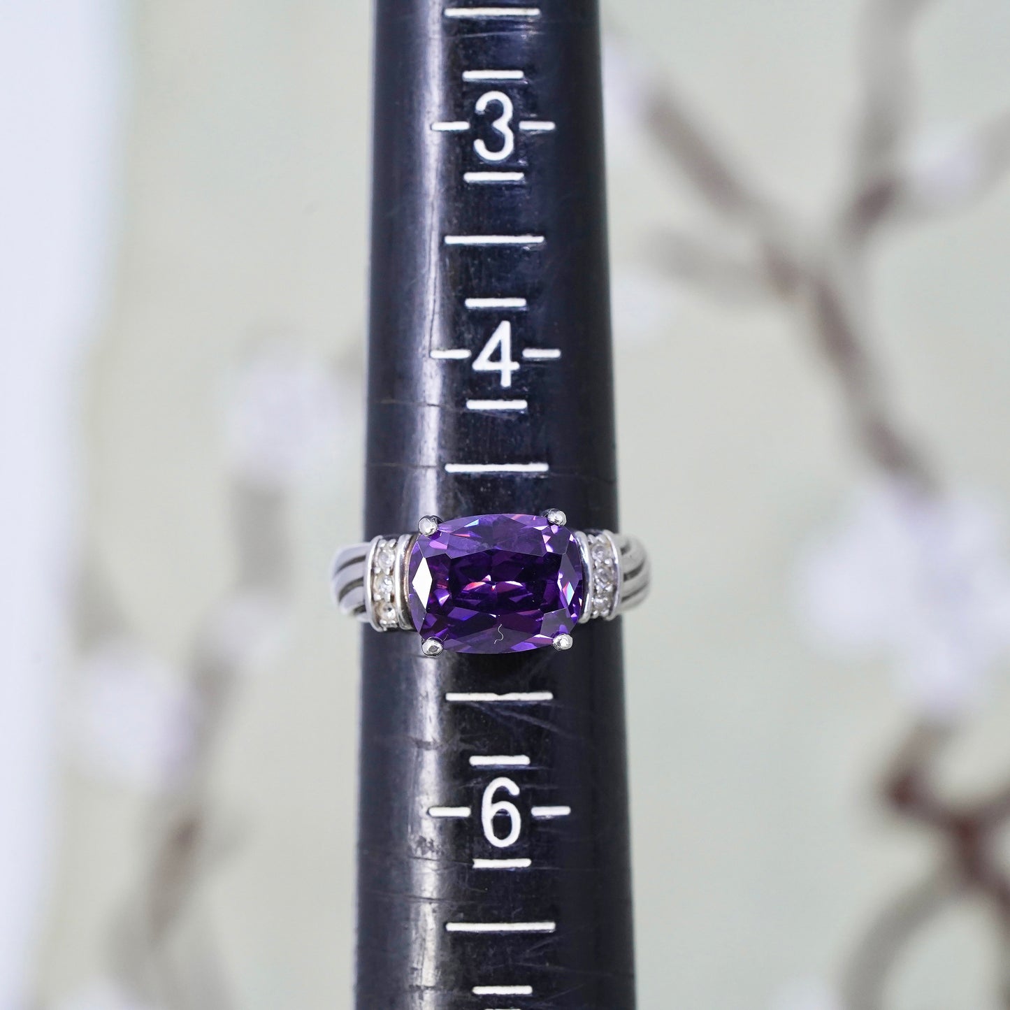 Size 5, vintage Sterling silver handmade ring, 925 with amethyst and Cz around