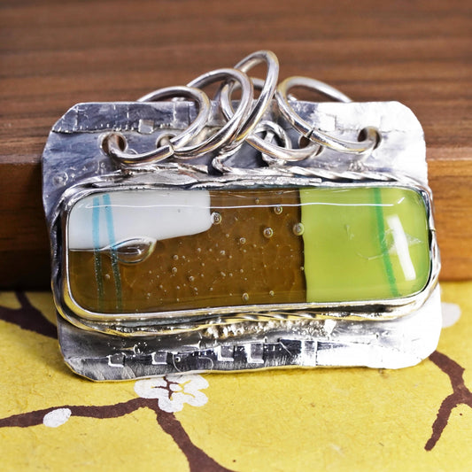 Vintage modern huge Sterling silver 925 pendant with vivid colored foil glass