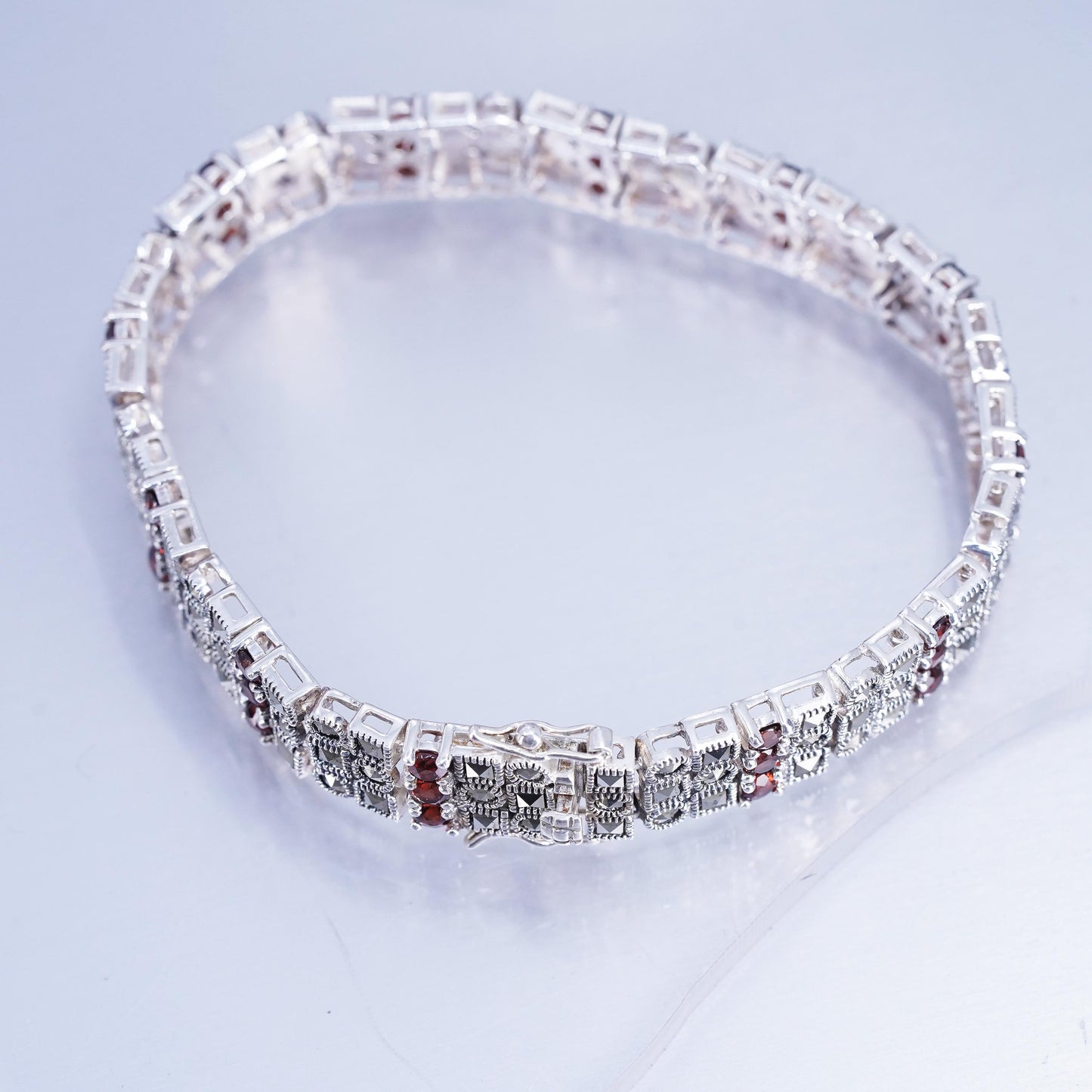 7”, Sterling 925 silver handmade tennis bracelet with garnet and marcasite