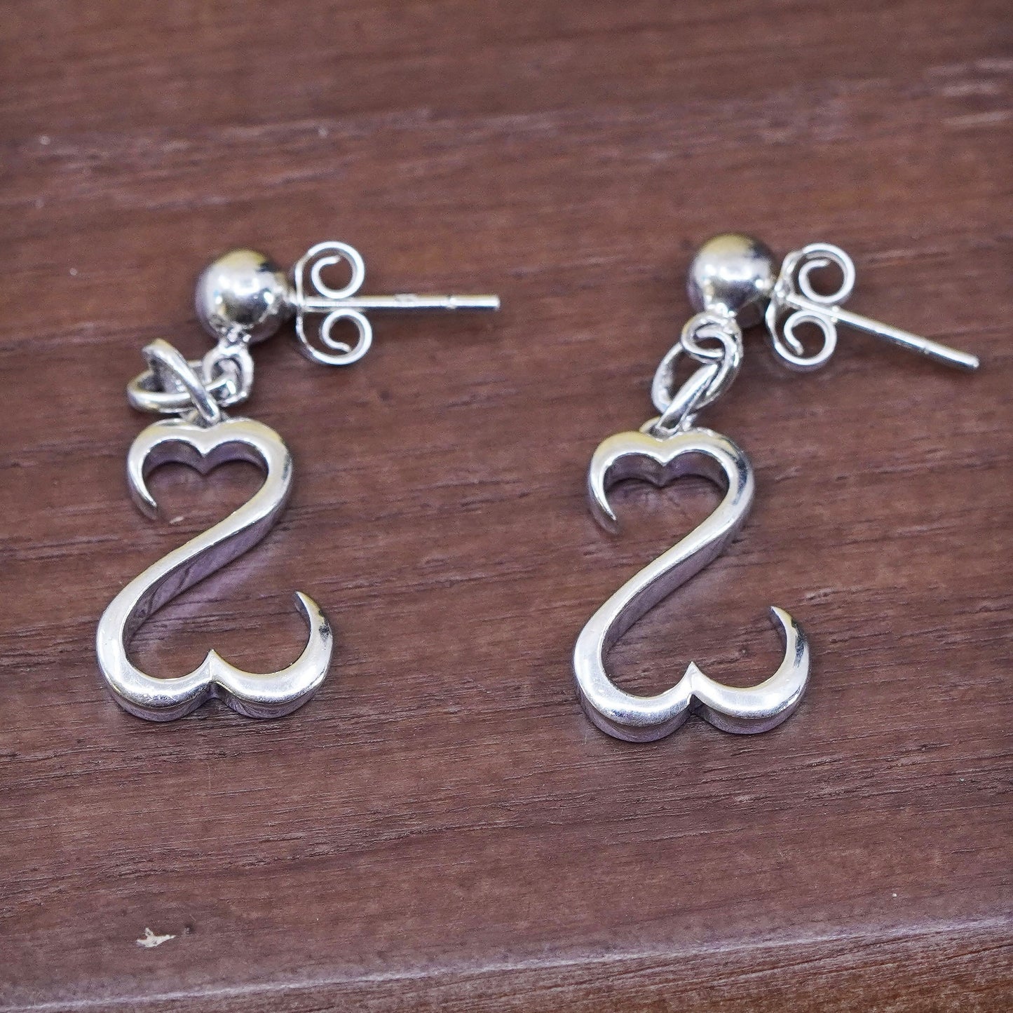 Vintage Sterling silver handmade earrings, 925 open heart dangles