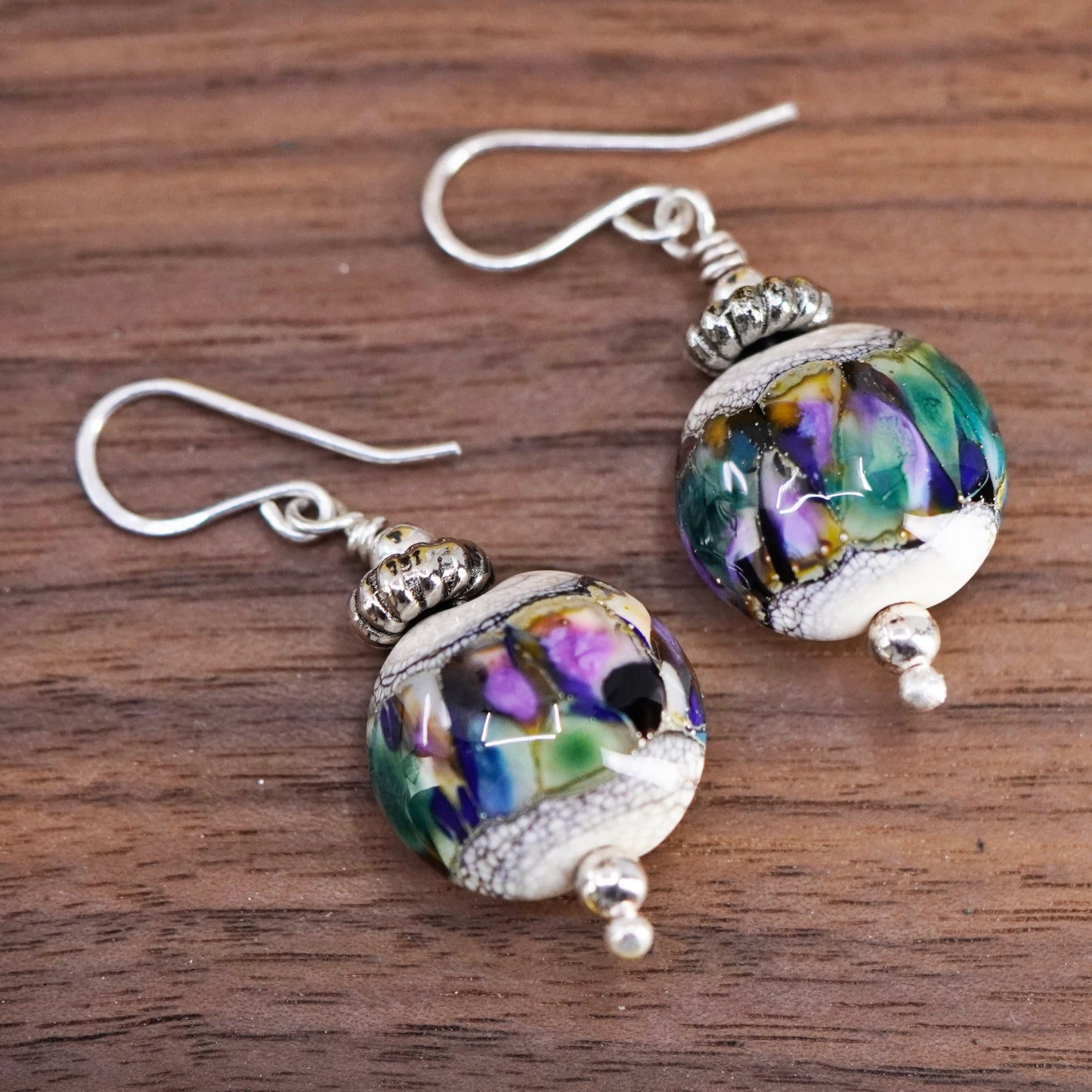 Vintage Sterling silver handmade earrings, 925 round foiled glass beads
