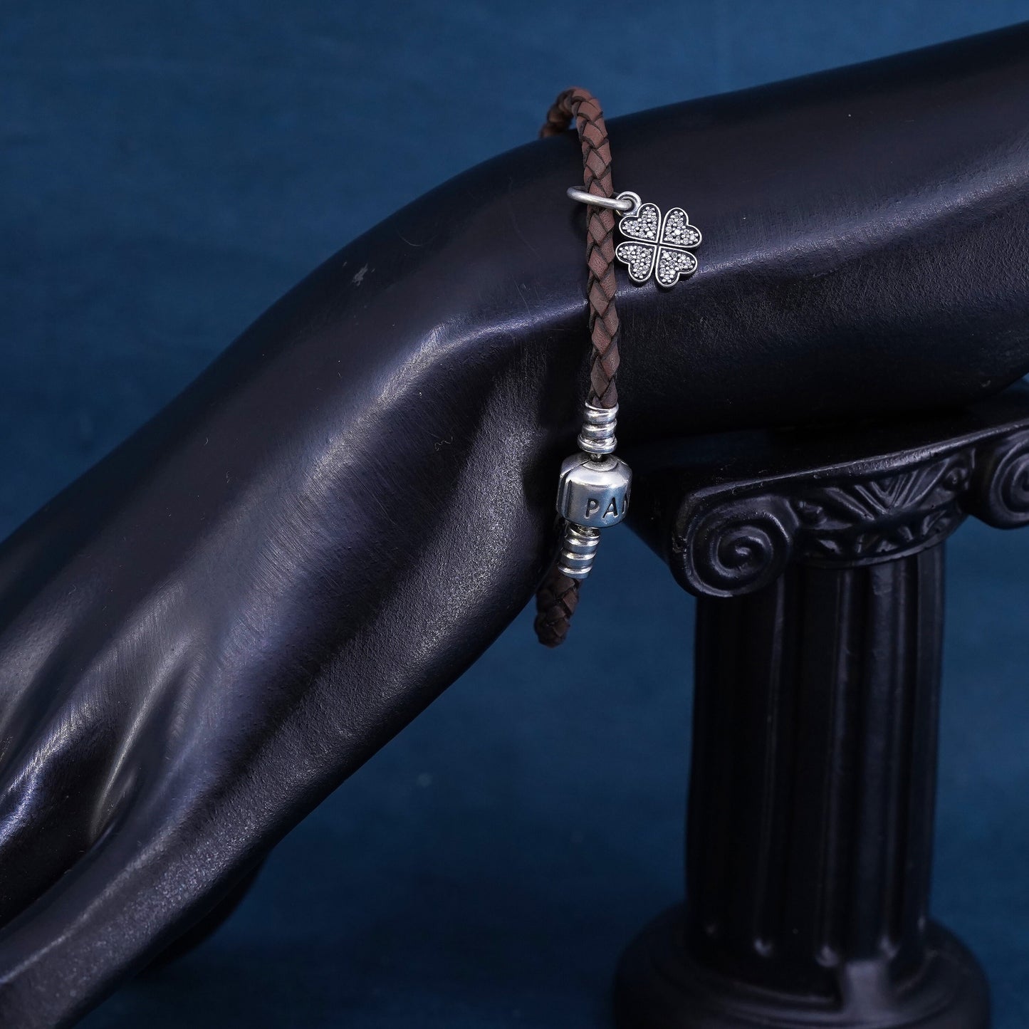 6.5", Pandora ALE sterling 925 silver woven leather chain bracelet lucky charm