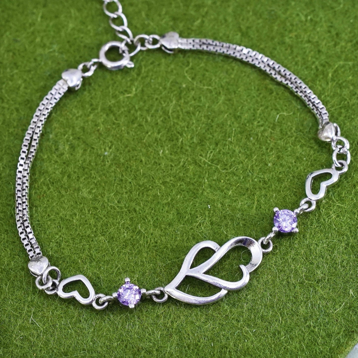 6.5”, Vintage sterling silver double heart box chain, 925 bracelet w/ amethyst