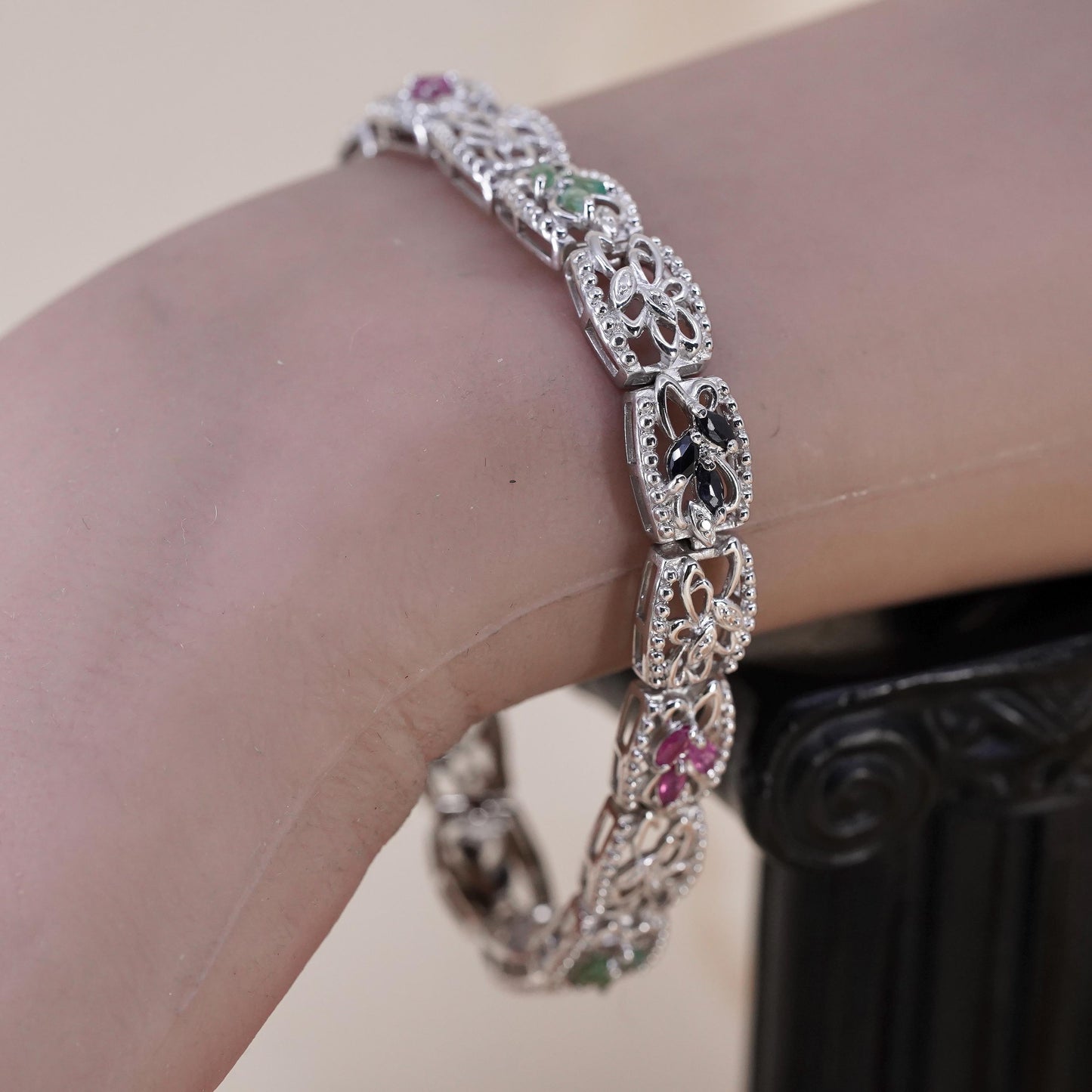 7.25", VTG Sterling 925 silver filigree tennis bracelet ruby emerald sapphire