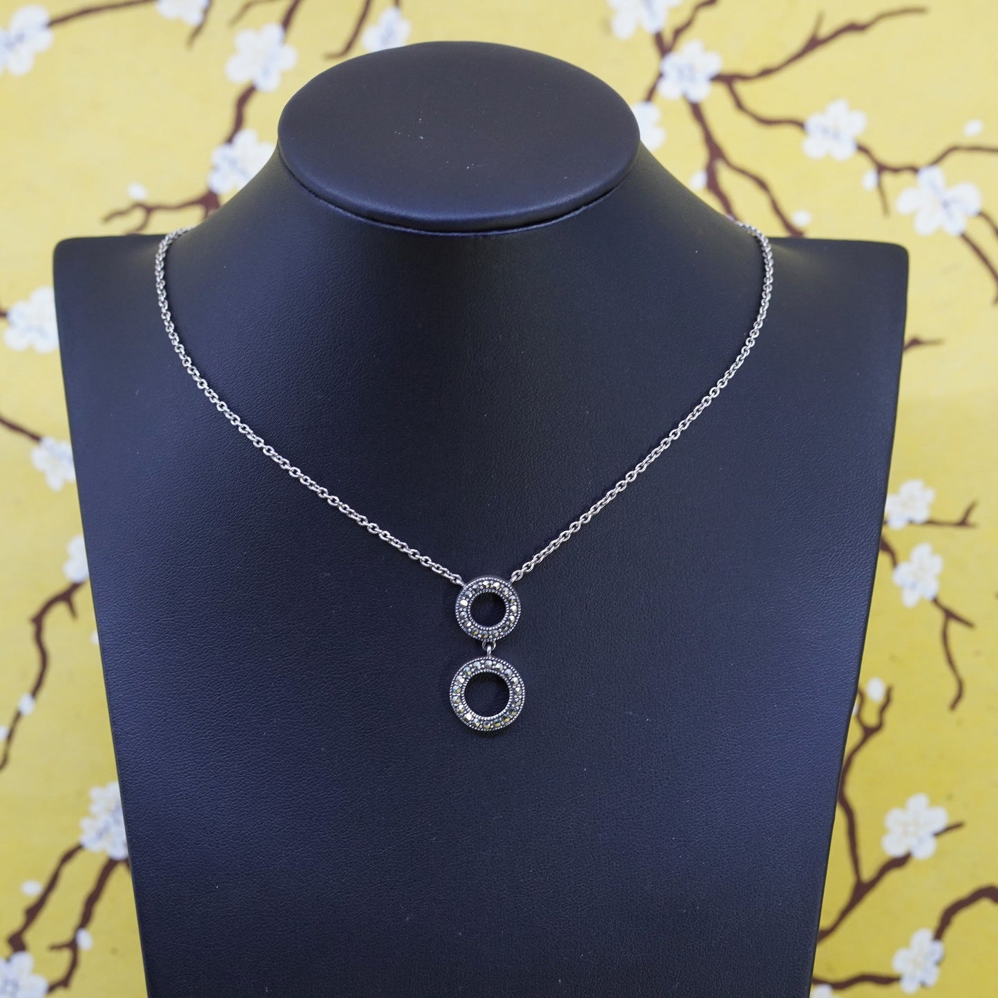 16”, Judith Jack Sterling silver necklace, 925 chain circle pendant marcasite