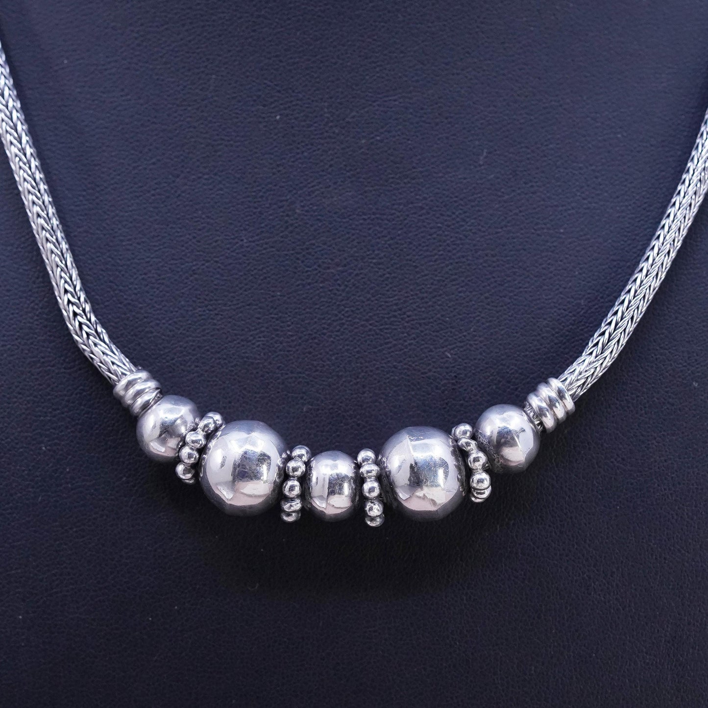 18+2" 4mm, vintage bold Sterling silver necklace, 925 wheat chain beads pendant