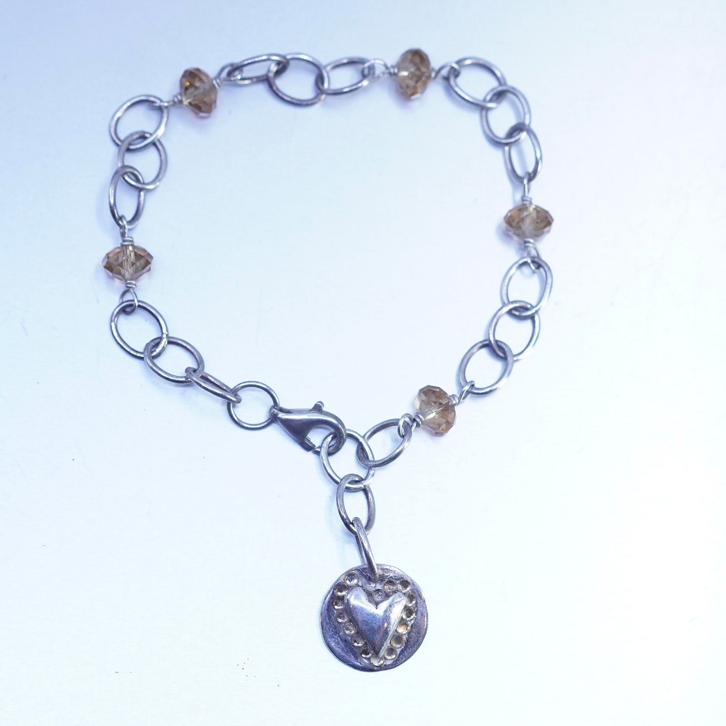 8”, Mexico Sterling 925 silver bracelet, oval link chain w/ citrine heart charm