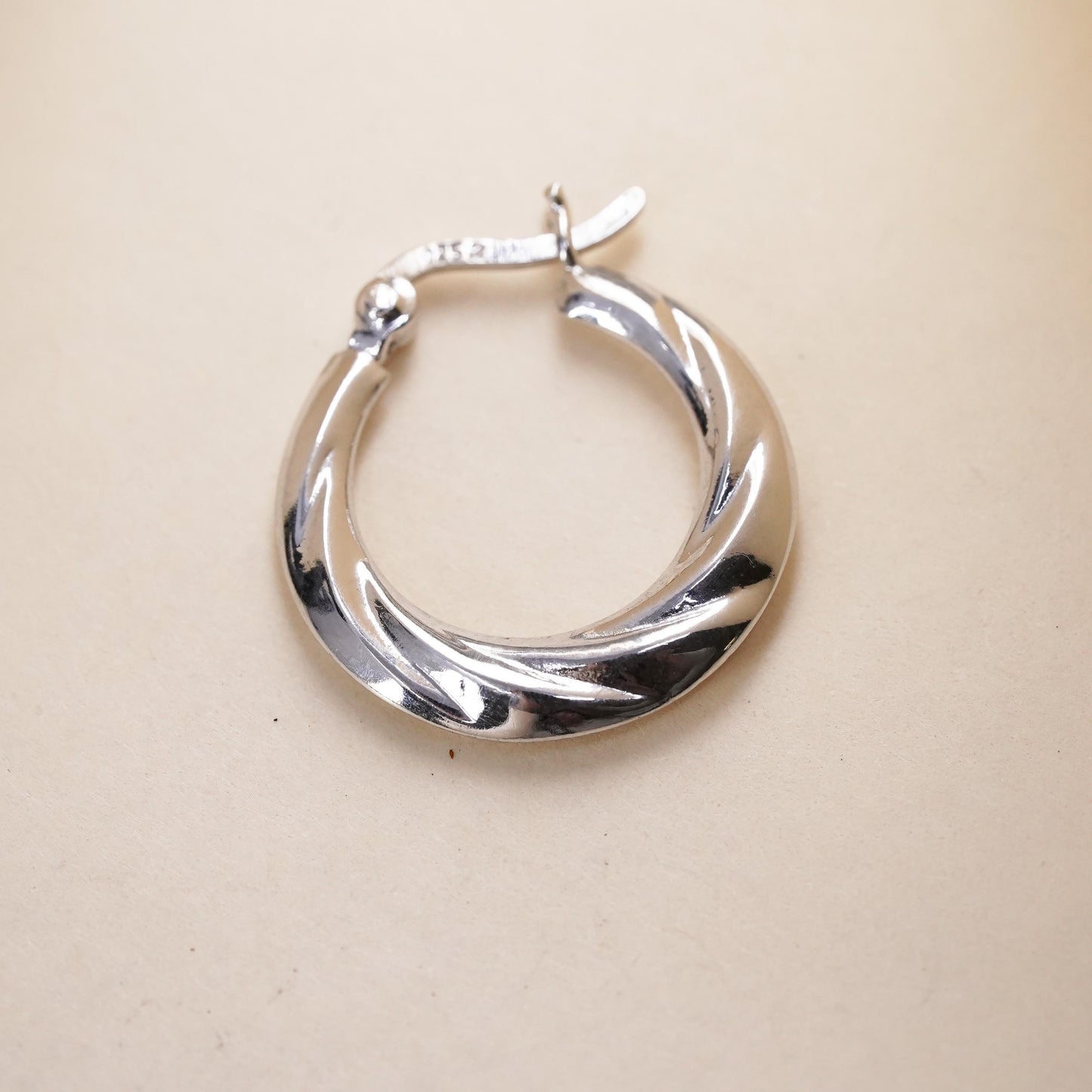 0.75", Vintage sterling silver loop single earring, ribbed primitive hoop