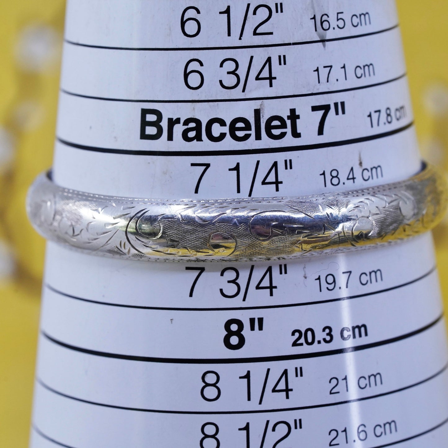 7.5", sterling silver bracelet, textured 925 hinged bangle with security chain