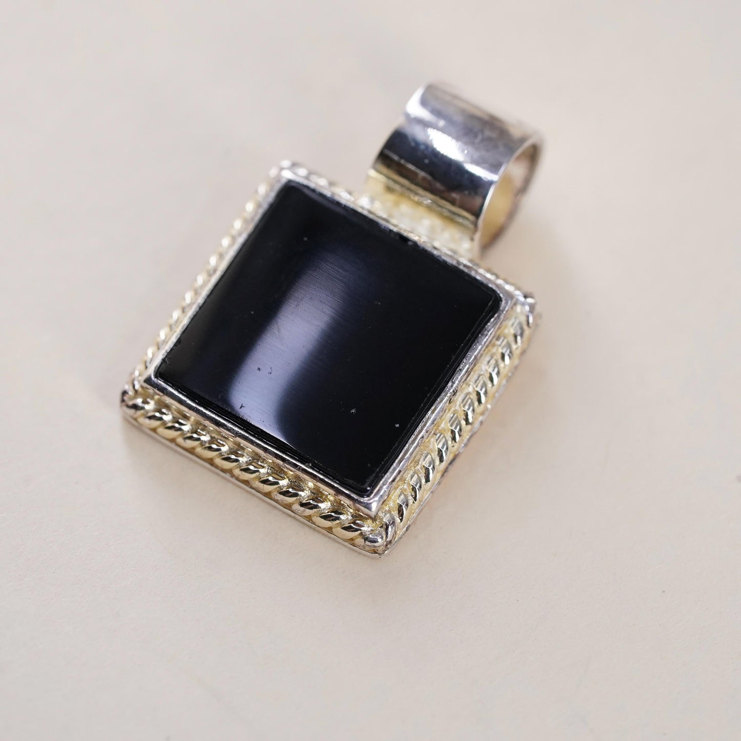 vintage handmade sterling 925 silver square pendant with black onyx